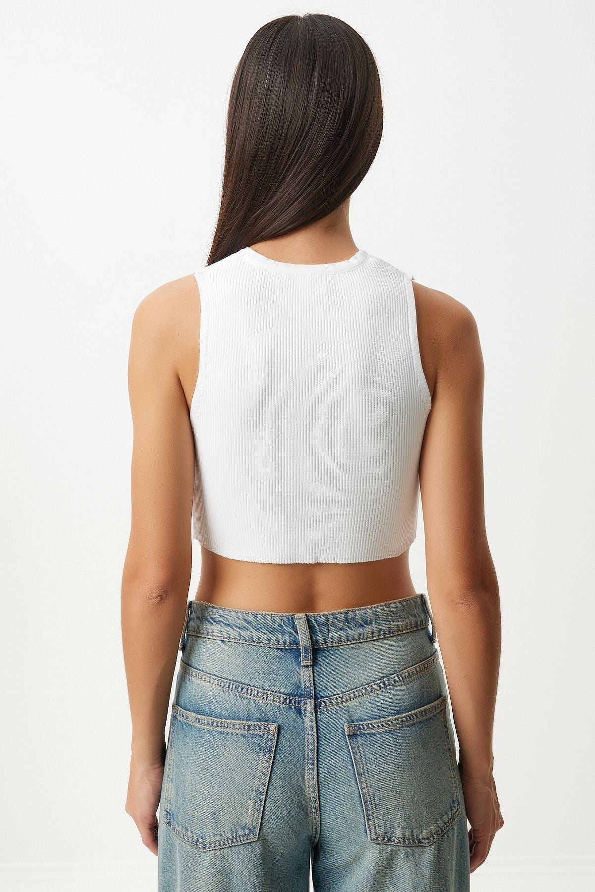 WOMEN WHITE V -YAKA CROP knitwear Vest YY00218