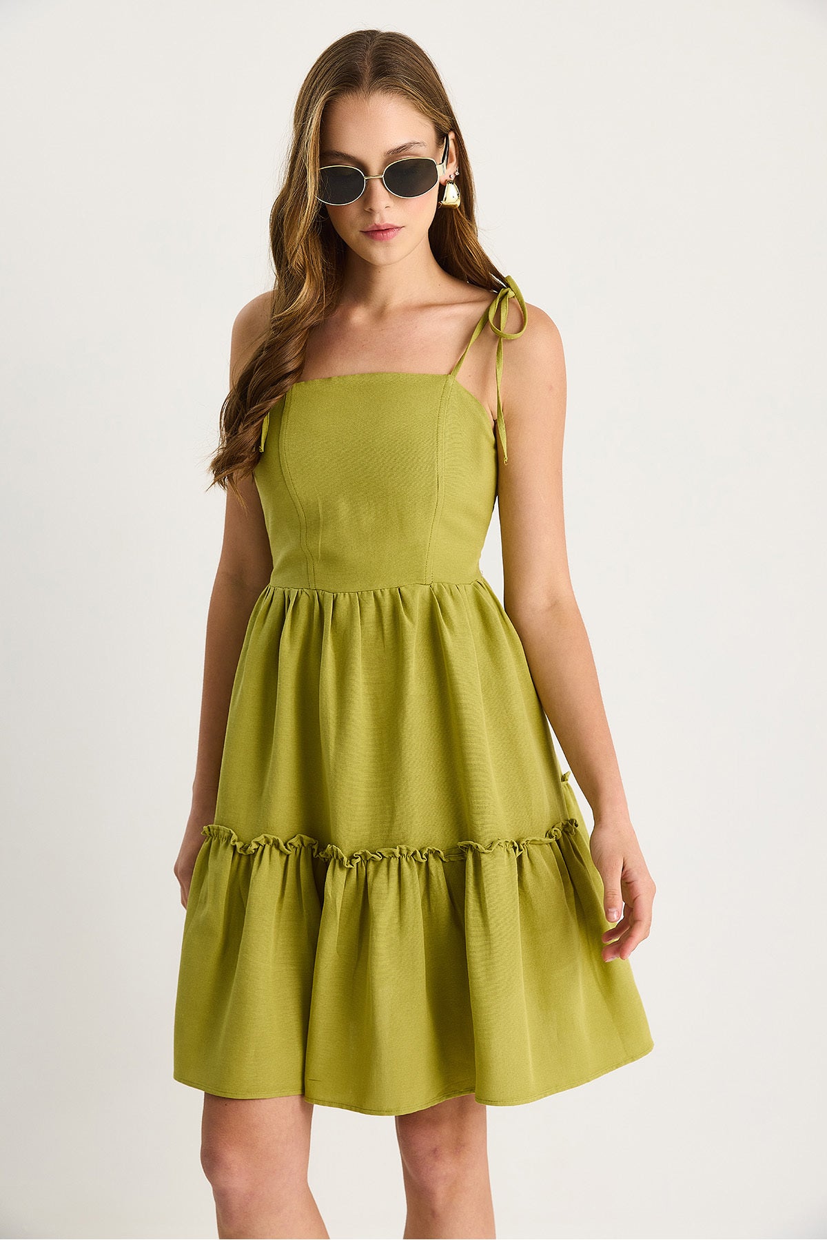 Women's Back Gipe Detailed Layered Thin Strap Cotton Linen Dress 5263 60281108