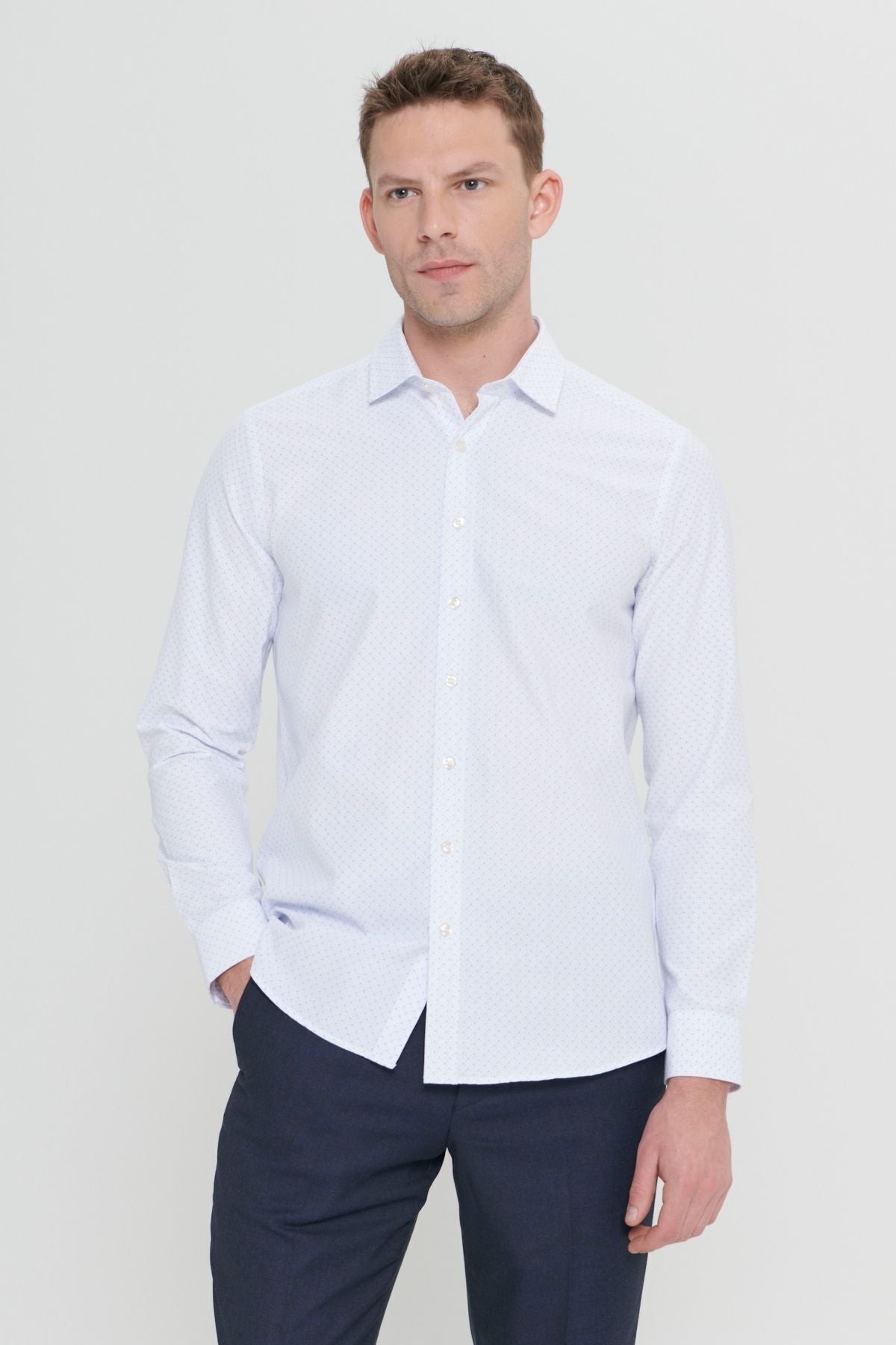 Men's white-blue slim fit narrow cut classic collar cotton Cotton Amelor Shirt