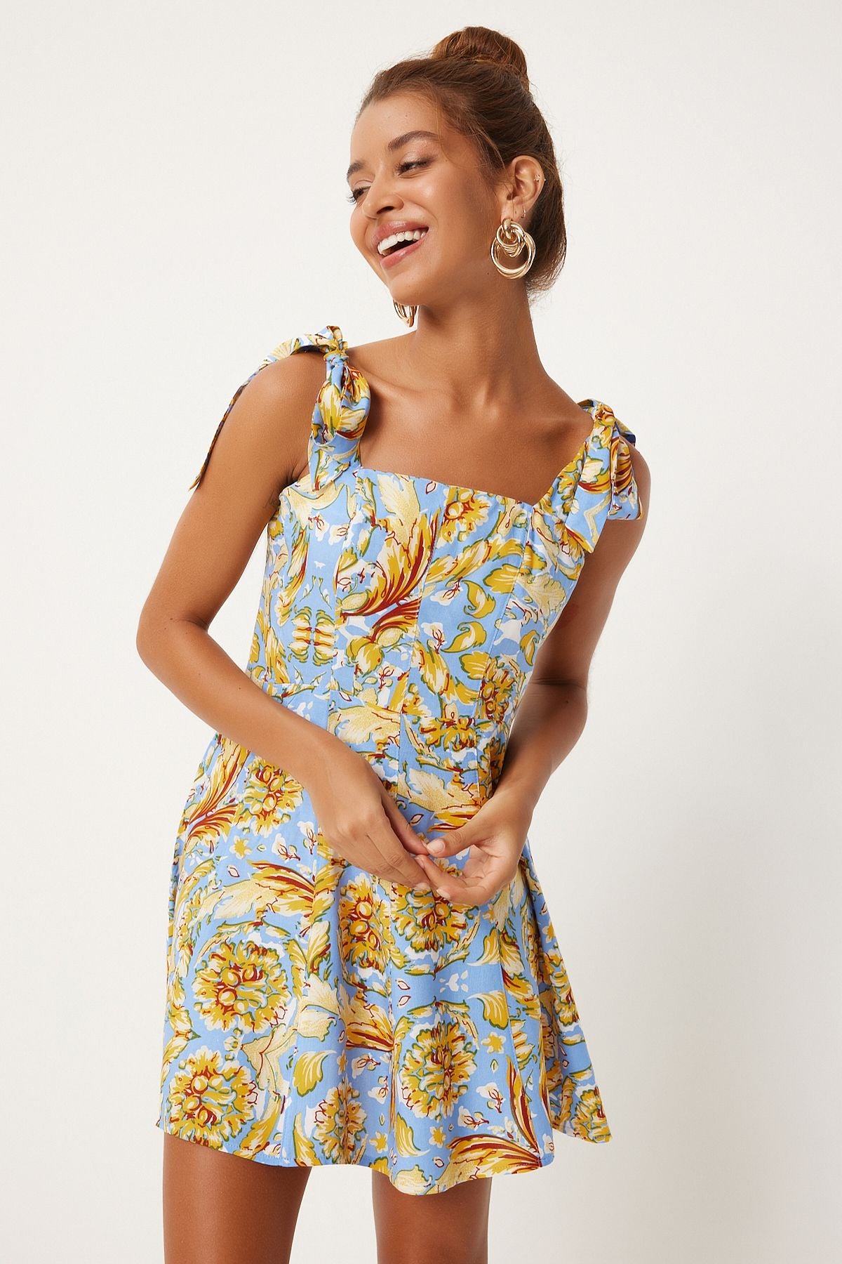 Woman Sky Blue Yellow Thick Simple Patterned Summer Mini Viscose Dress FN03238