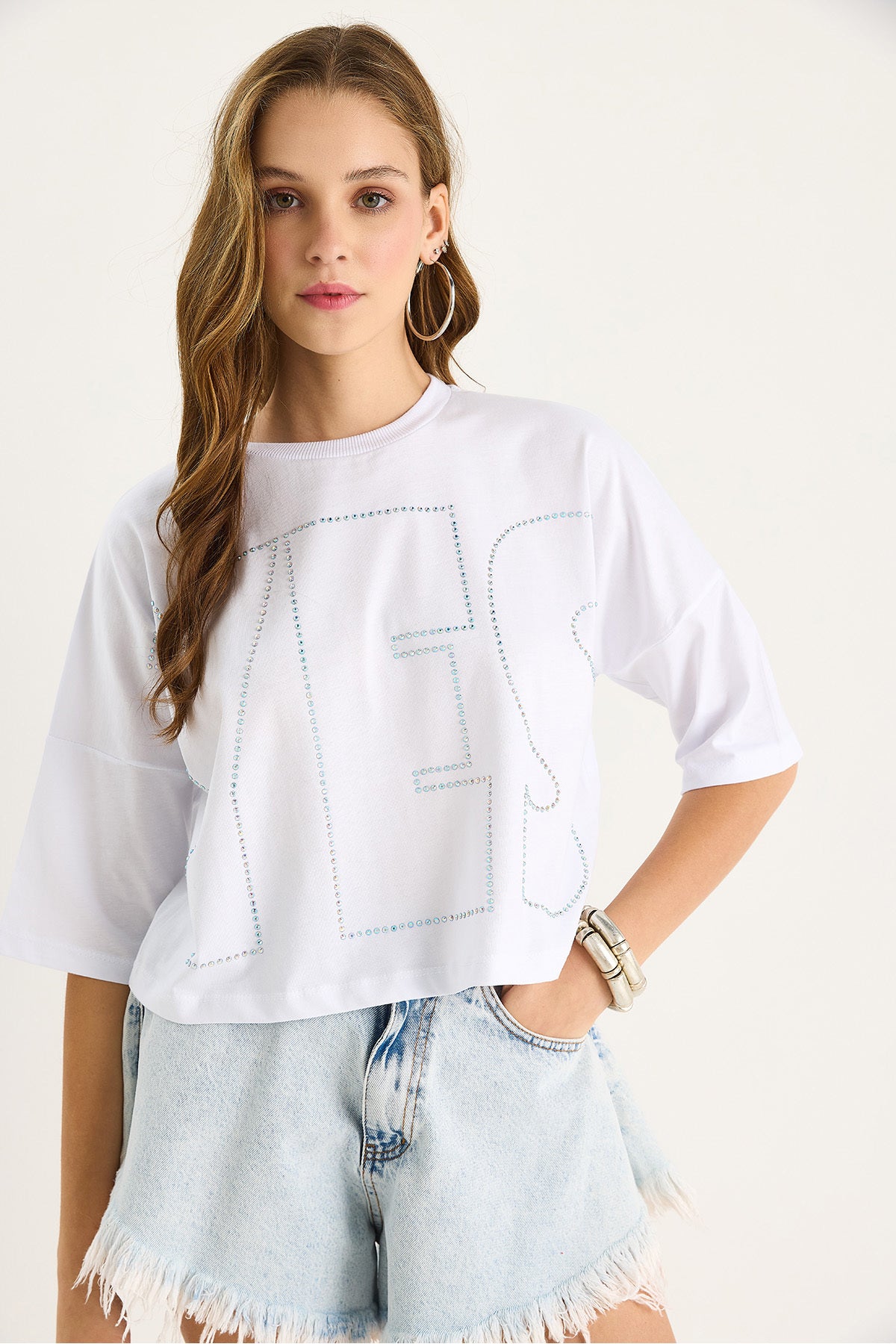 Women's Crew Neck Stone Printed Basic Casual T-Shirt 60602061