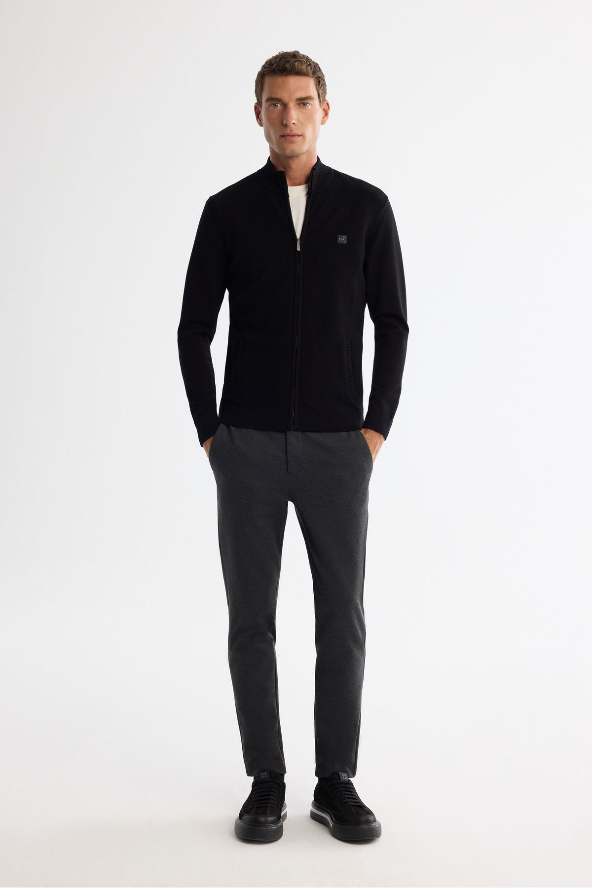 Men's black upright collar zipper front textured soft touch knitwear cardigan A42y5143
