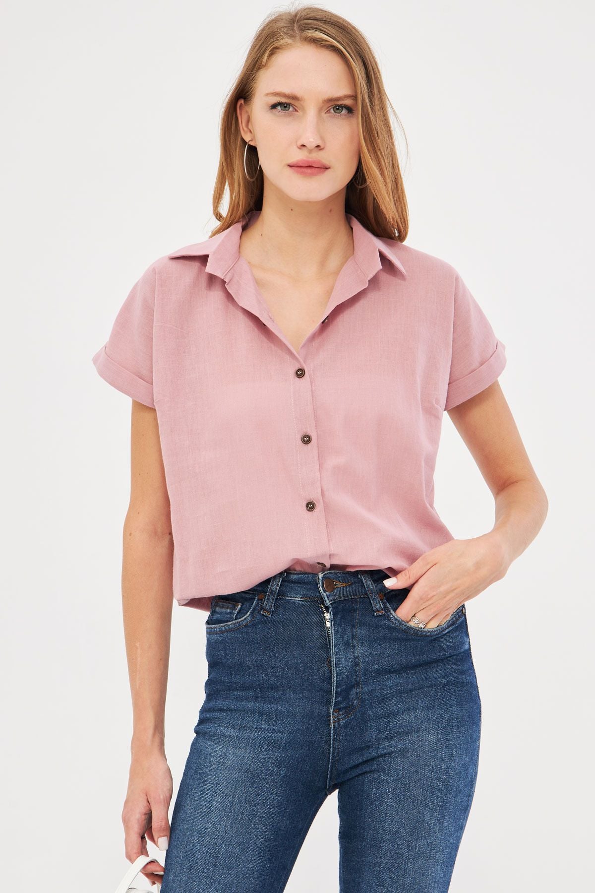 Woman Pink Short Sleeve Linen Shirt ARM-24Y001038