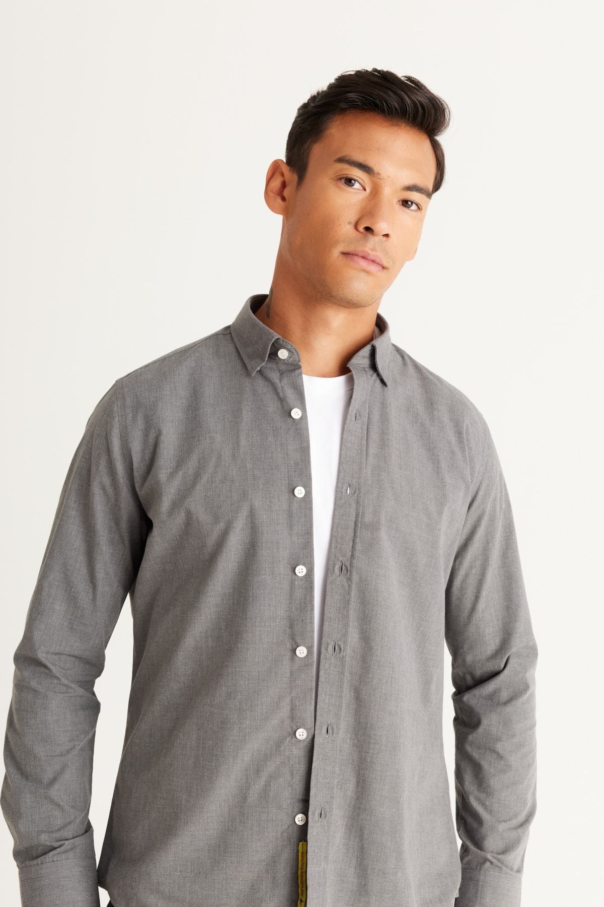 Men's gray slim fit narrow cut hidden button collar shirt