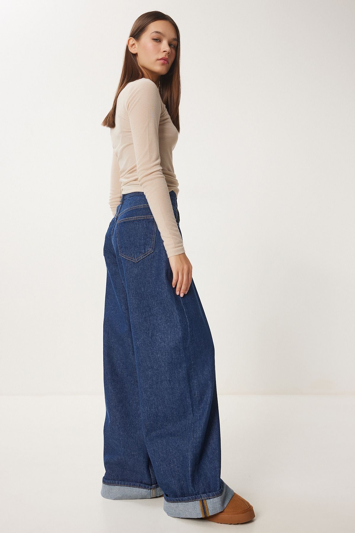 Woman Dark Blue High Waist Wide Paça Jeans RH00032