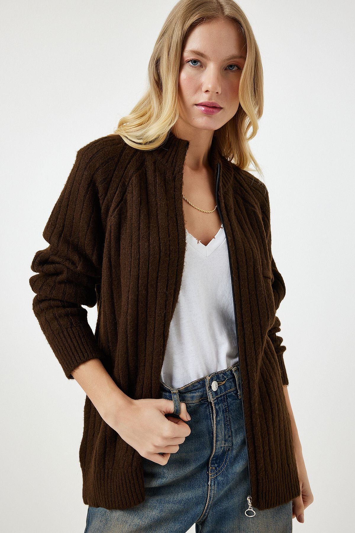 Women's Brown Zipper knitwear cardigan DD01301