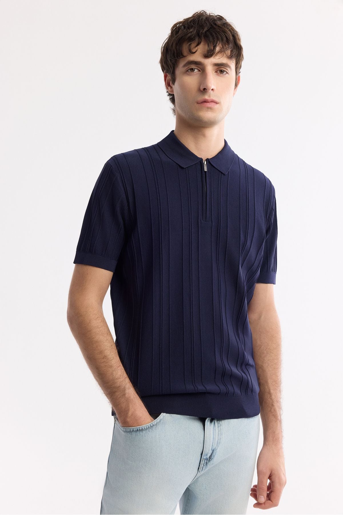 Male Navy Blue Polo Yaka Zipper Wick Knit Detailed Rayon Triko T-Shirt A51Y5046