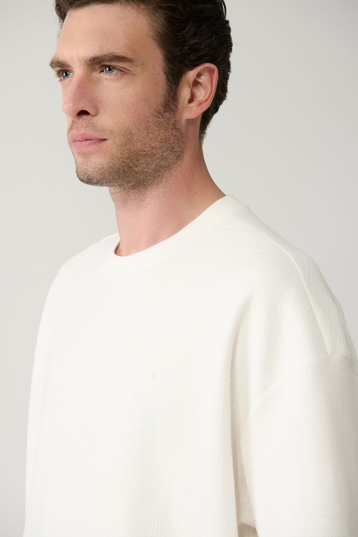 Men's Ecru Bicycle Neck Jacquard Embroidered T-shirt A41y1194
