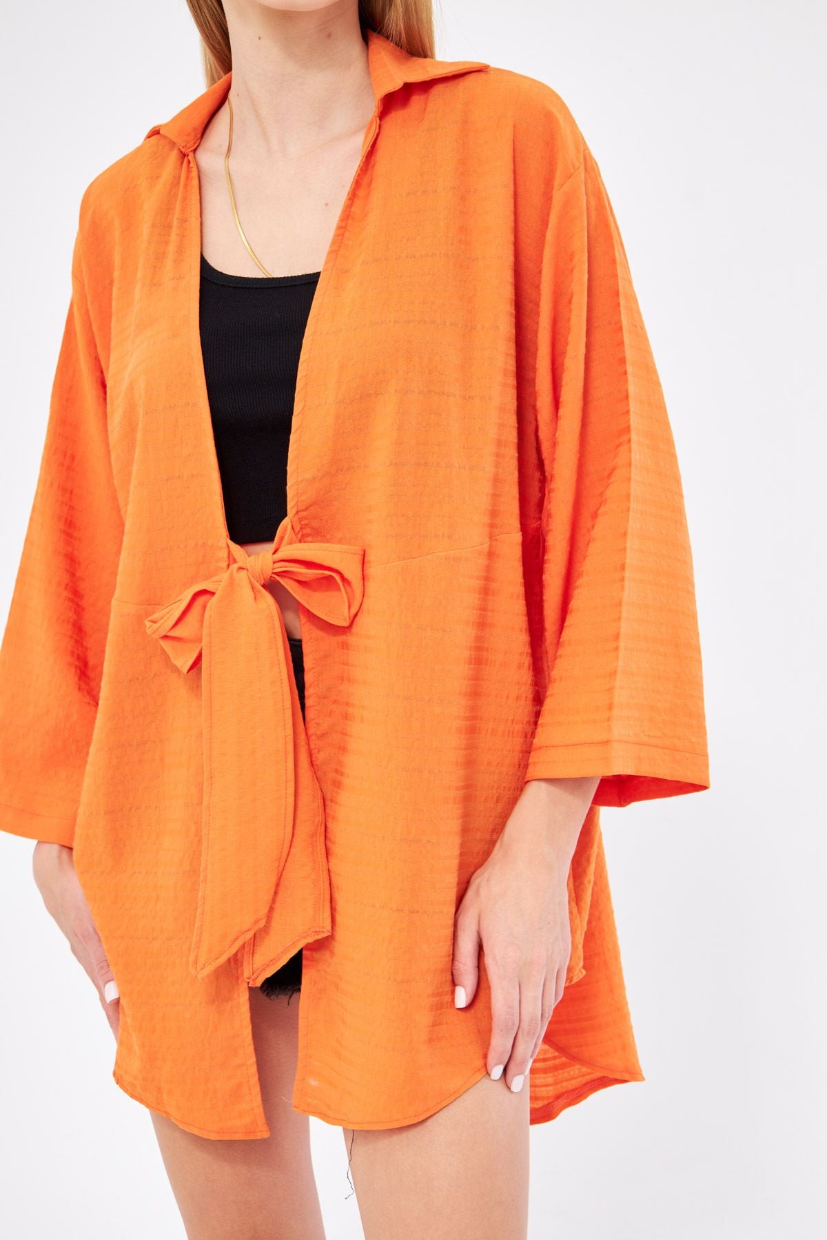 Female Orange Self-striped front-binding Kimono Shirt ARM-24Y001101