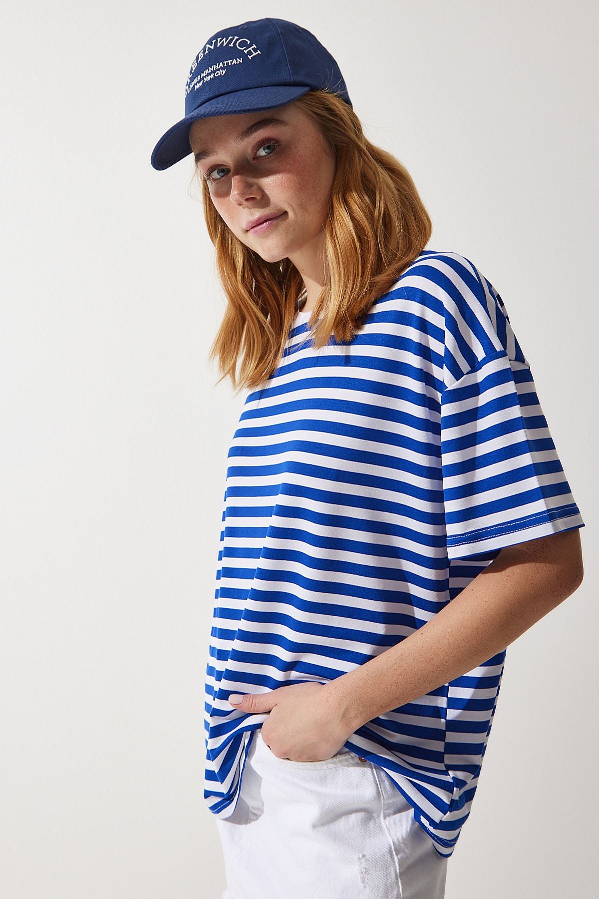 Woman Blue Bicycle Collar Striped Oversize knitting T-shirt EN00609