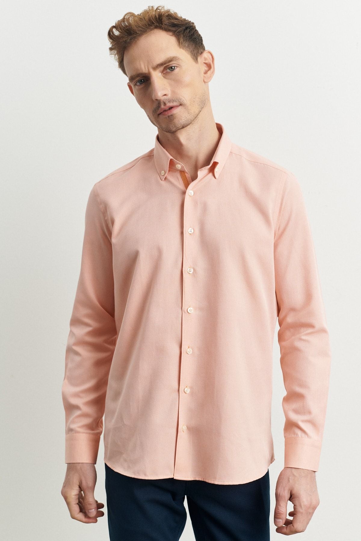Men's Orange Slim Fit Narrow Cut Cotton Hidden Buttoned Neck Long Sleeve Oxford Shirt