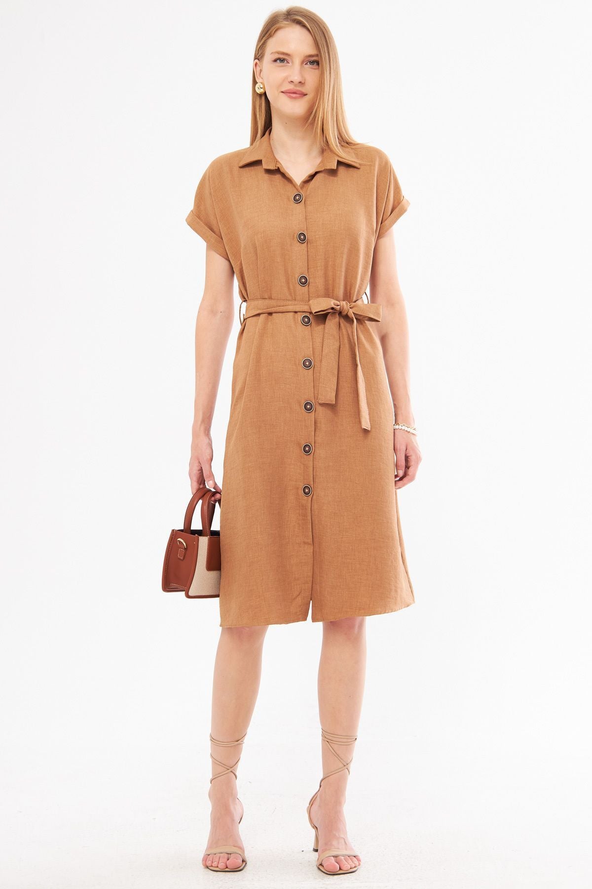 Woman Light Brown Linen Looking Waist Belt Short Sleeve Shirt Dress ARM-24Y001084