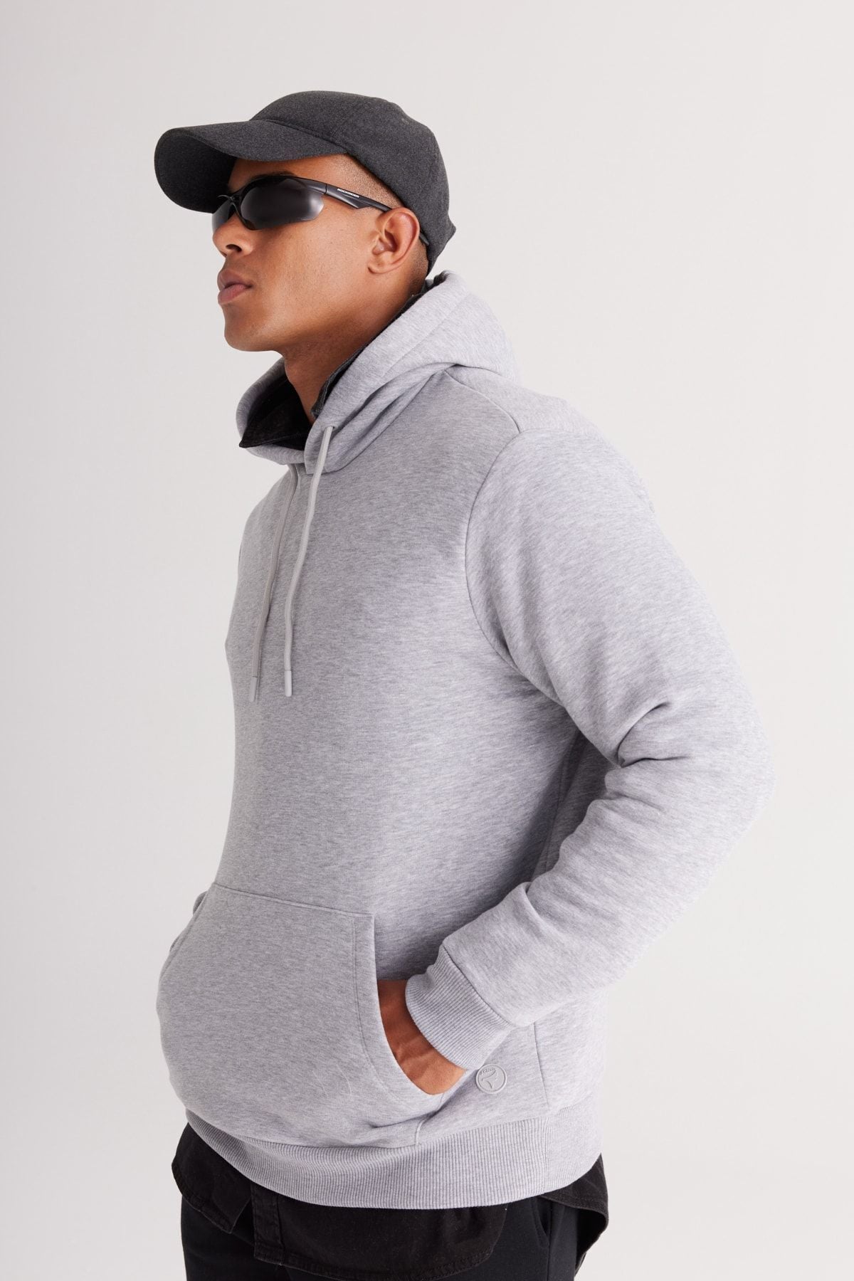 Men's Gray Melanj Standard Fit Içi Polar 3 IP hooded kangaroo pocket cotton sweatshirt