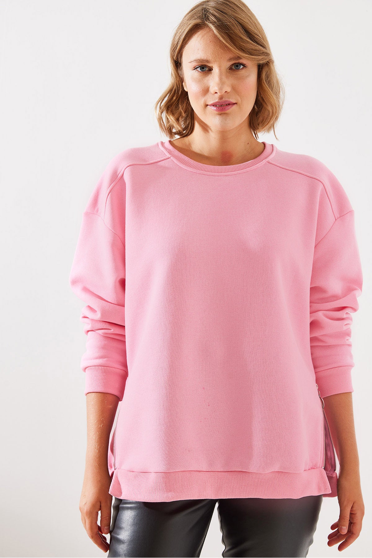 Women's Crew Neck Ruffled Zipper Detailed Basic Sweatshirt 60251796