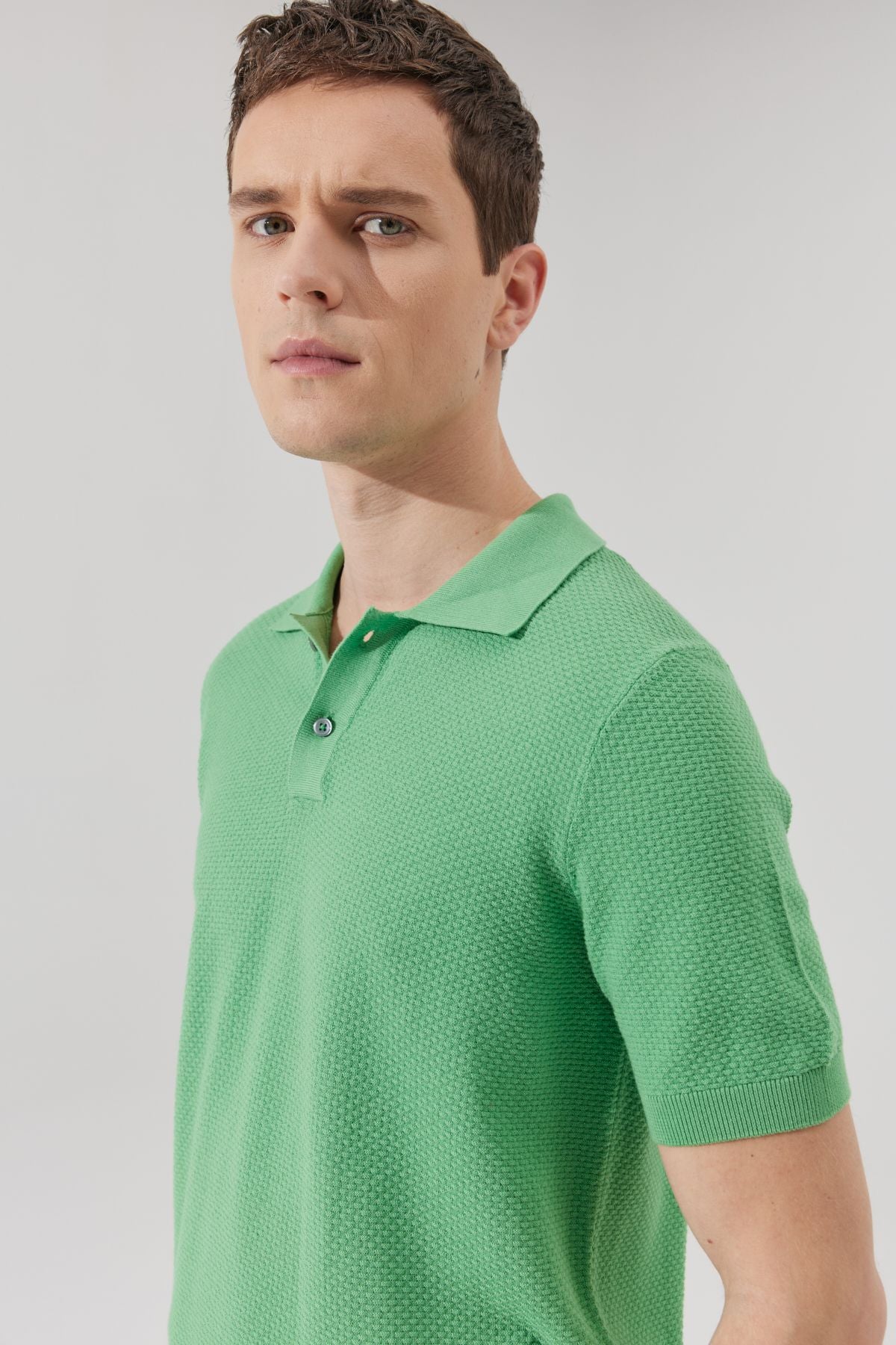 Men's Green Standard Fit Normal Cut Polo Yaka 100 %Cotton Short Sleeve Triko T -shirt