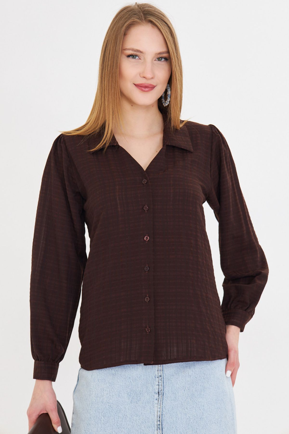 Female Coffee V-Yaka Balloon Arm Bürümcük Shirt ARM-25K001088