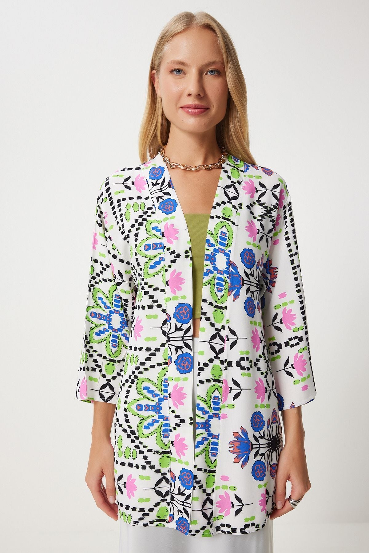 Female green blue patterned viscose kimono en00615