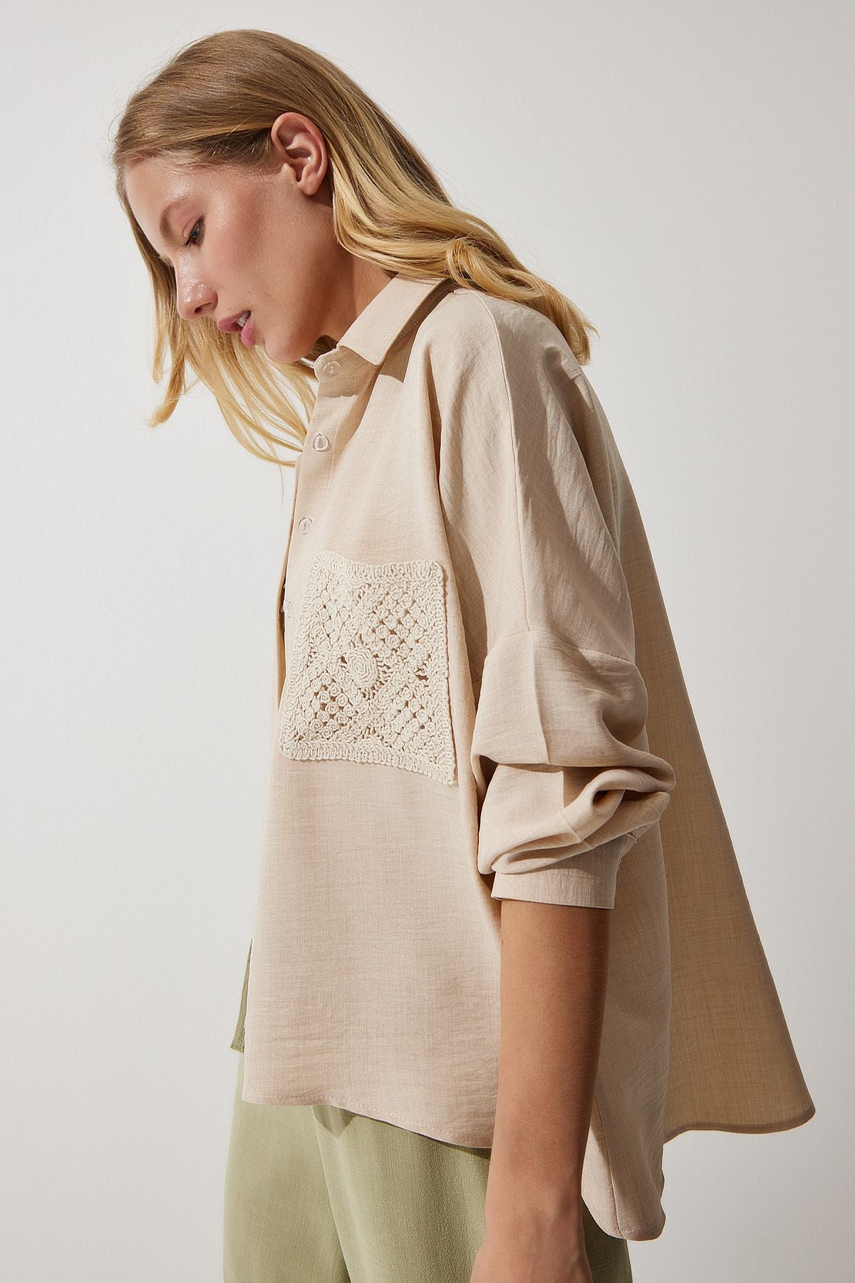 Woman Dark Beige Lace Detail Linen Shirt TP00018