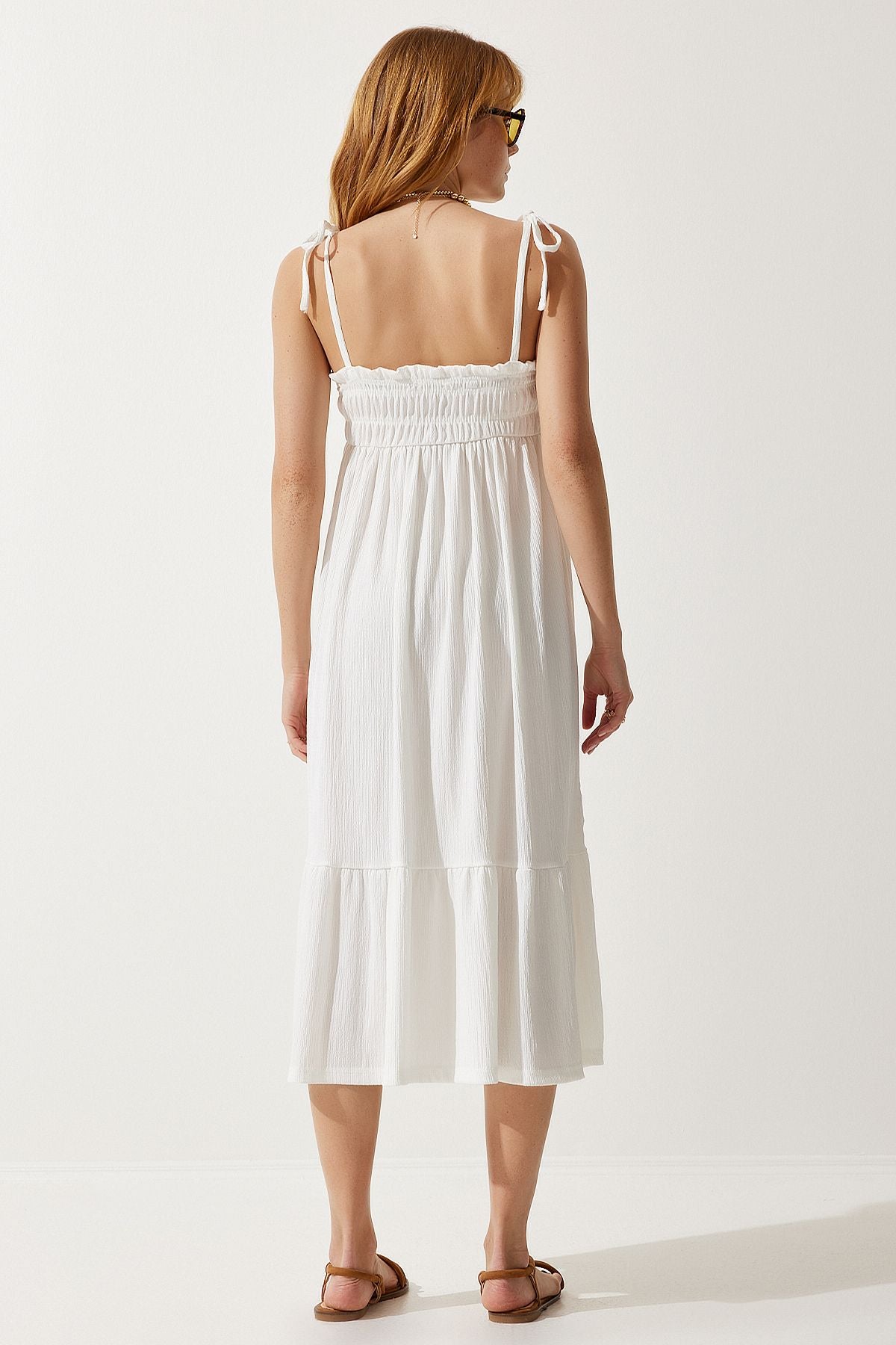 Woman White Hanger Krinkıl Summer Knitting Dress UB00250