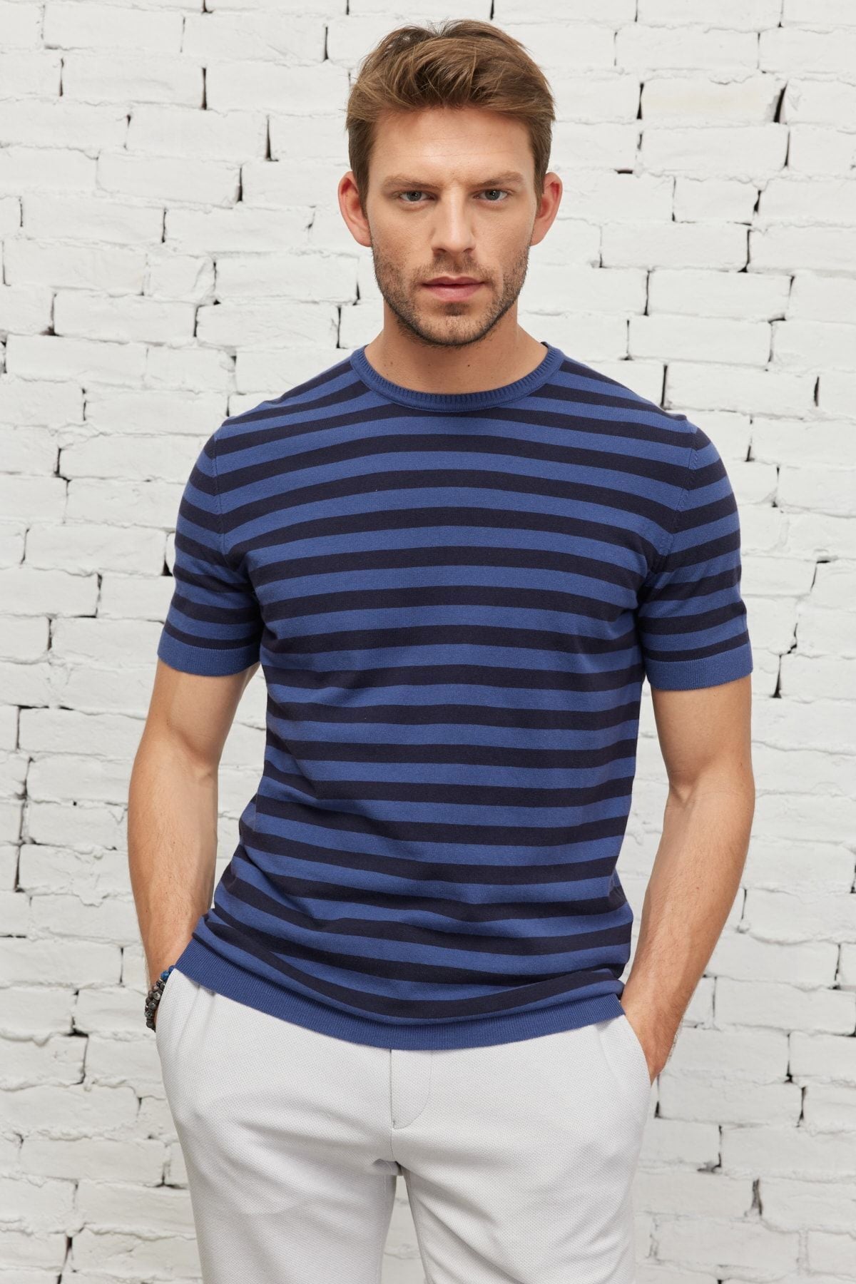 Men's Lacı-İndigo Standard Fit Normal Cut Bicycle Collar Cotton striped knitwear T-shirt