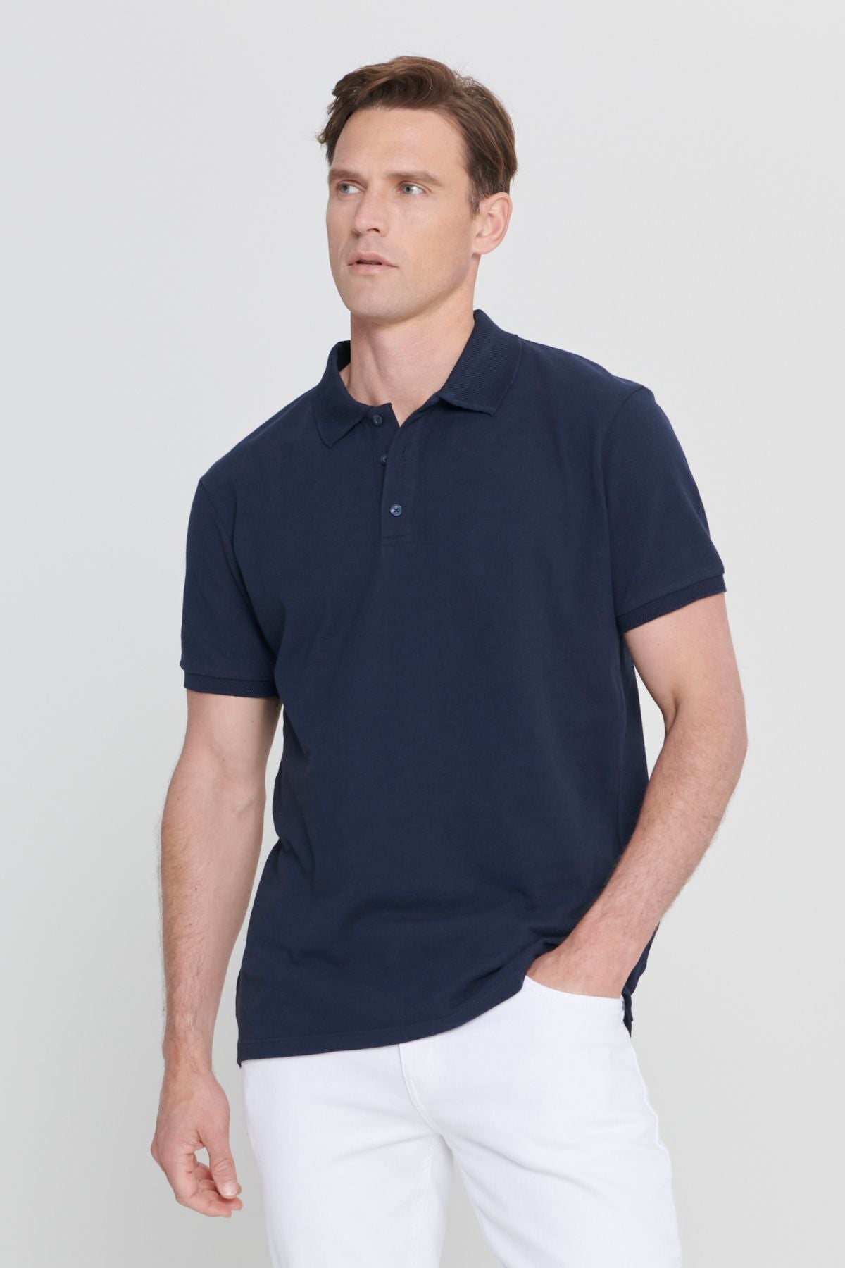 Male Navy Blue 100 %Cotton Curiated Pike Polo Yaka Slim Fit Narrow Cut T -shirt