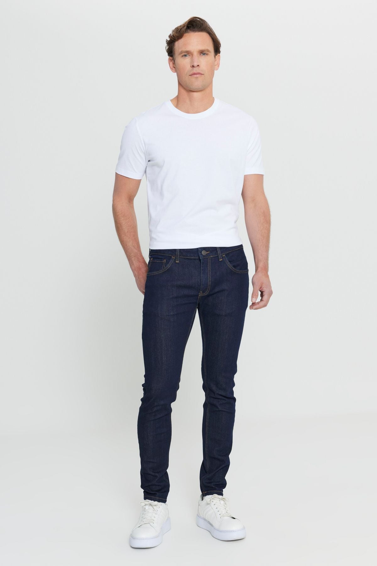 Men's dark navy blue extra slim fit narrow cut cotton flexible rıis jean jeans denim