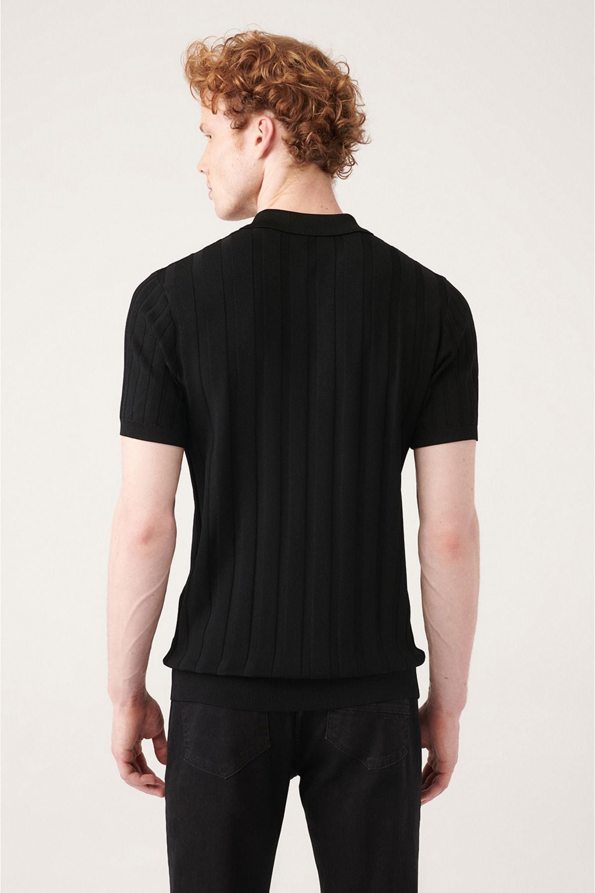 Men's black wick knitting detailed Polo collar knitwear T-shirt A31y5011