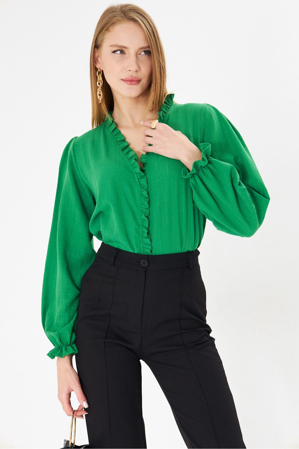 Female Green Side and Ruffle Detail Arms with Rubber Long Sleeve Blouse Arm-25k001030