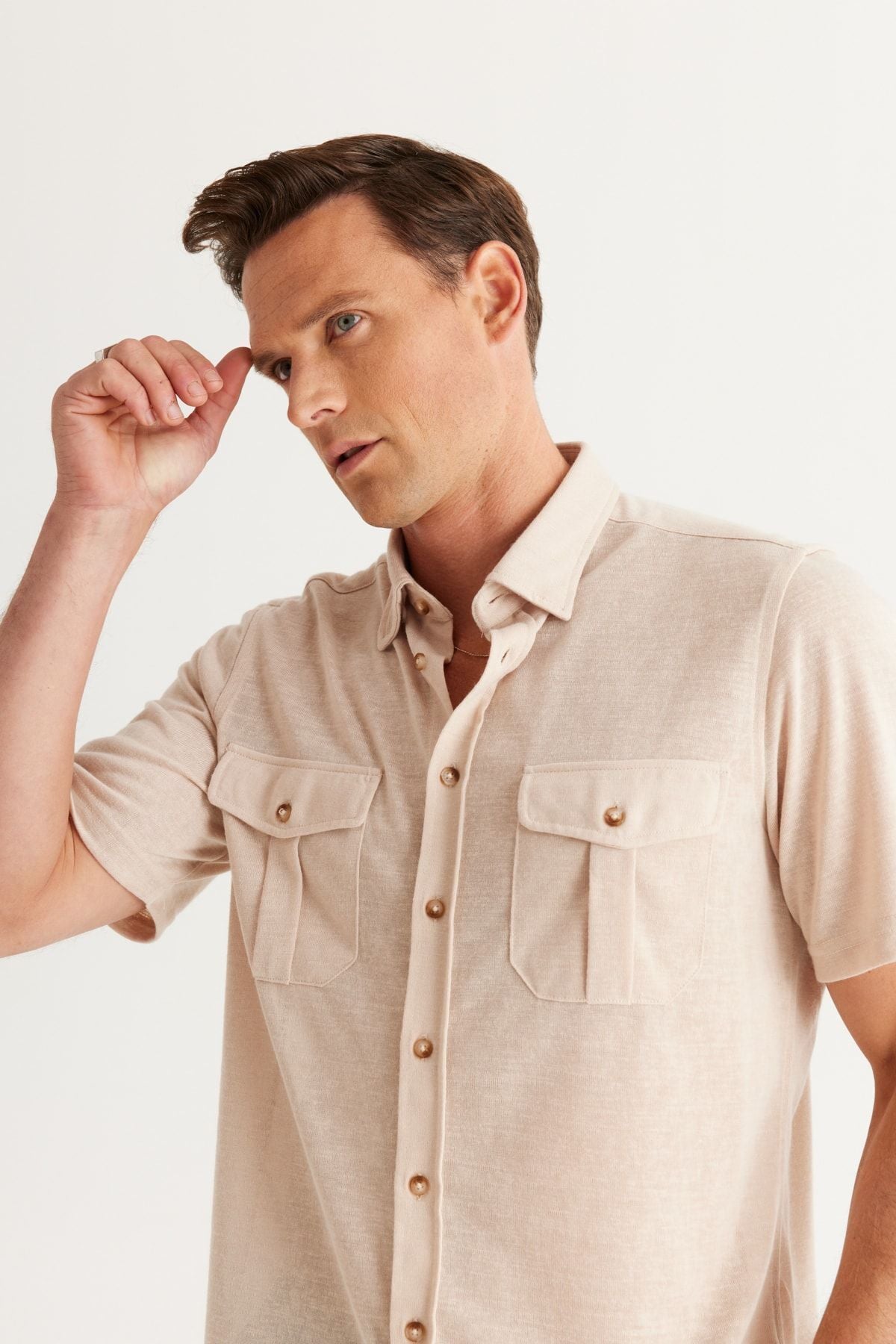 Men's Beige Slim Fit Narrow Cut Hidden button shirt with short sleeve pockets