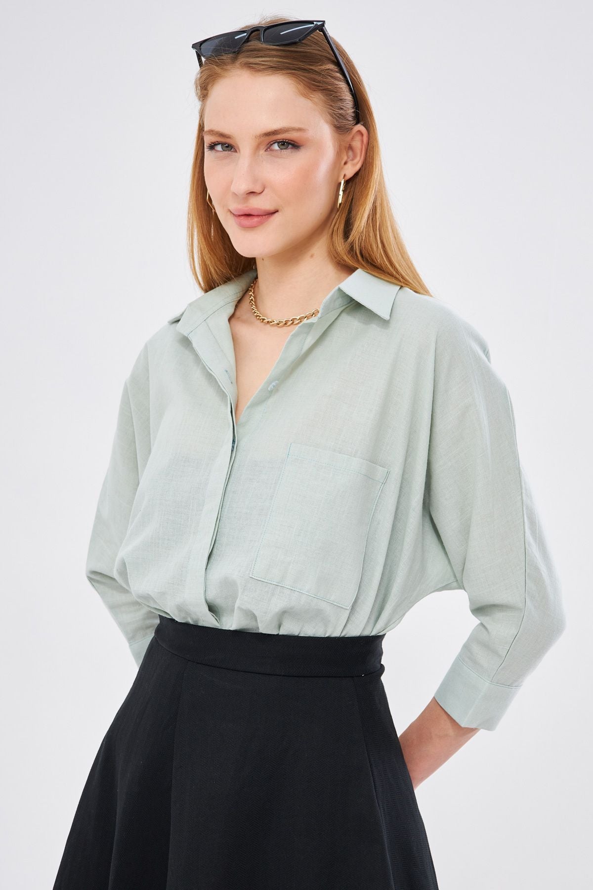 WOMEN OPEN MINT POCKET POET SET Linen Shirt ARM-21Y001035