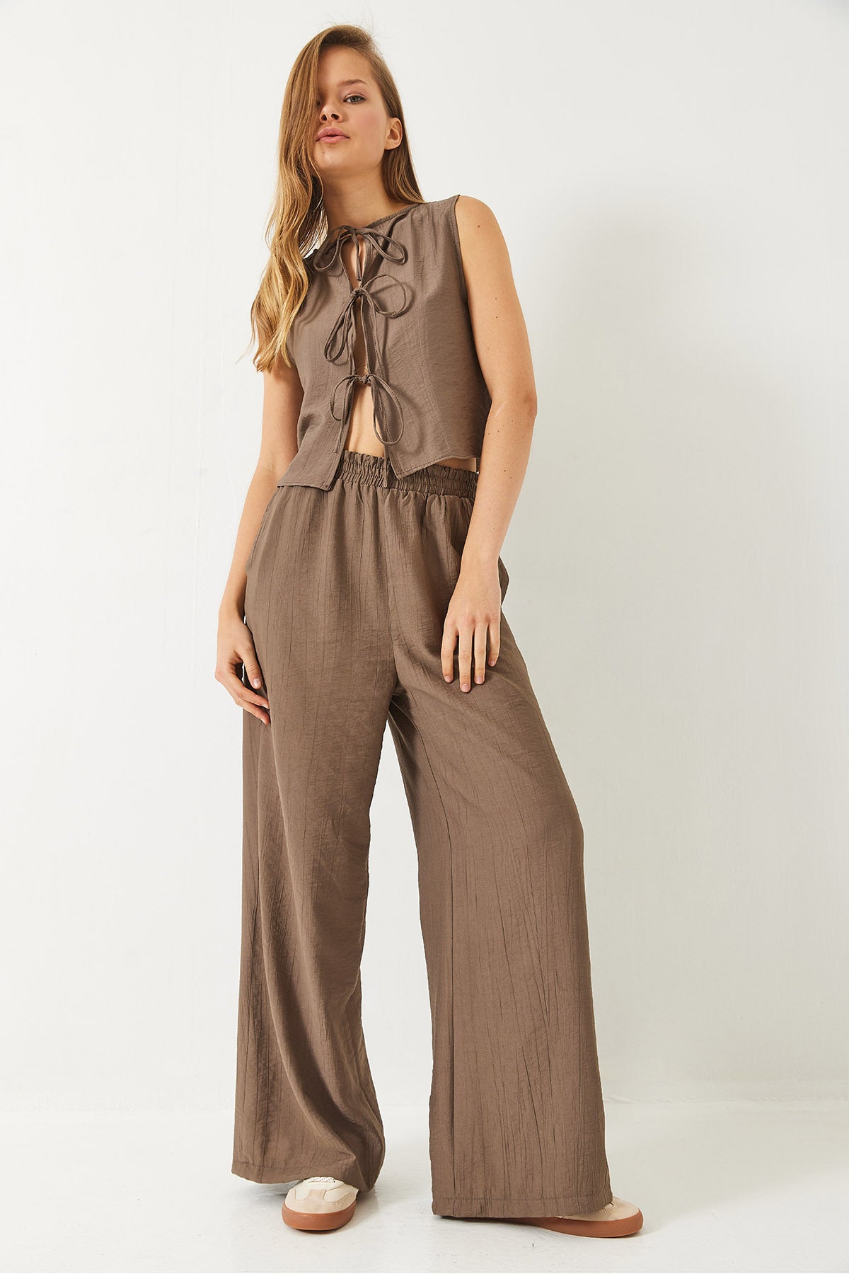Women's Summer Top and Bottom Set with Tie Detail Vest and High Waist Trousers 9310 60281013
