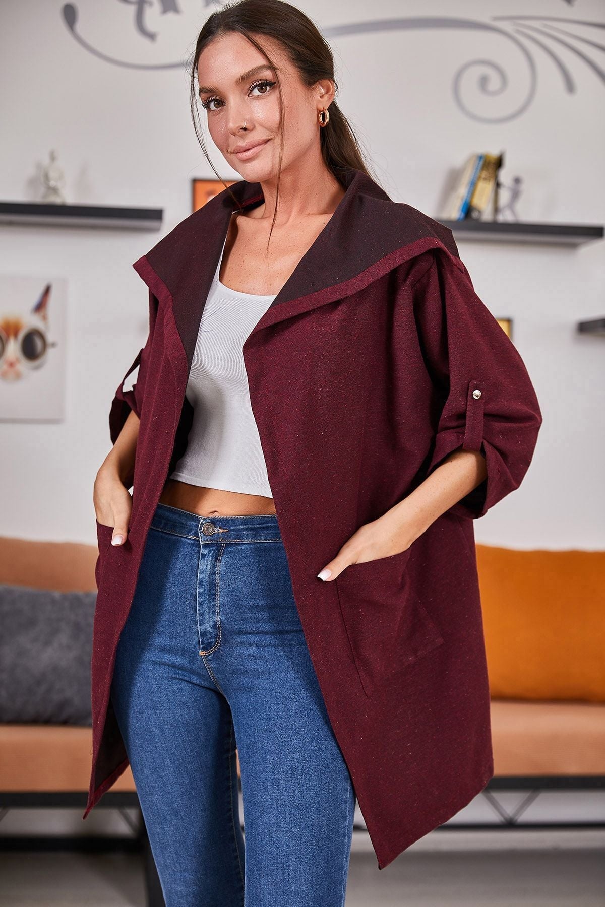 Female Bordeaux R back Flower Printed Seasonal Jacket ARM-20K024030
