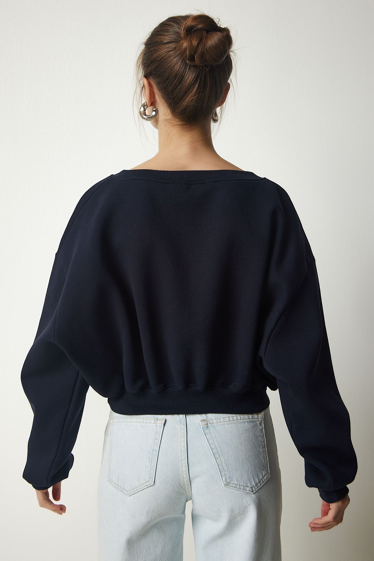 Woman Navy blue V -neck Oversize Crop Knitting Sweatshirt Mc00239