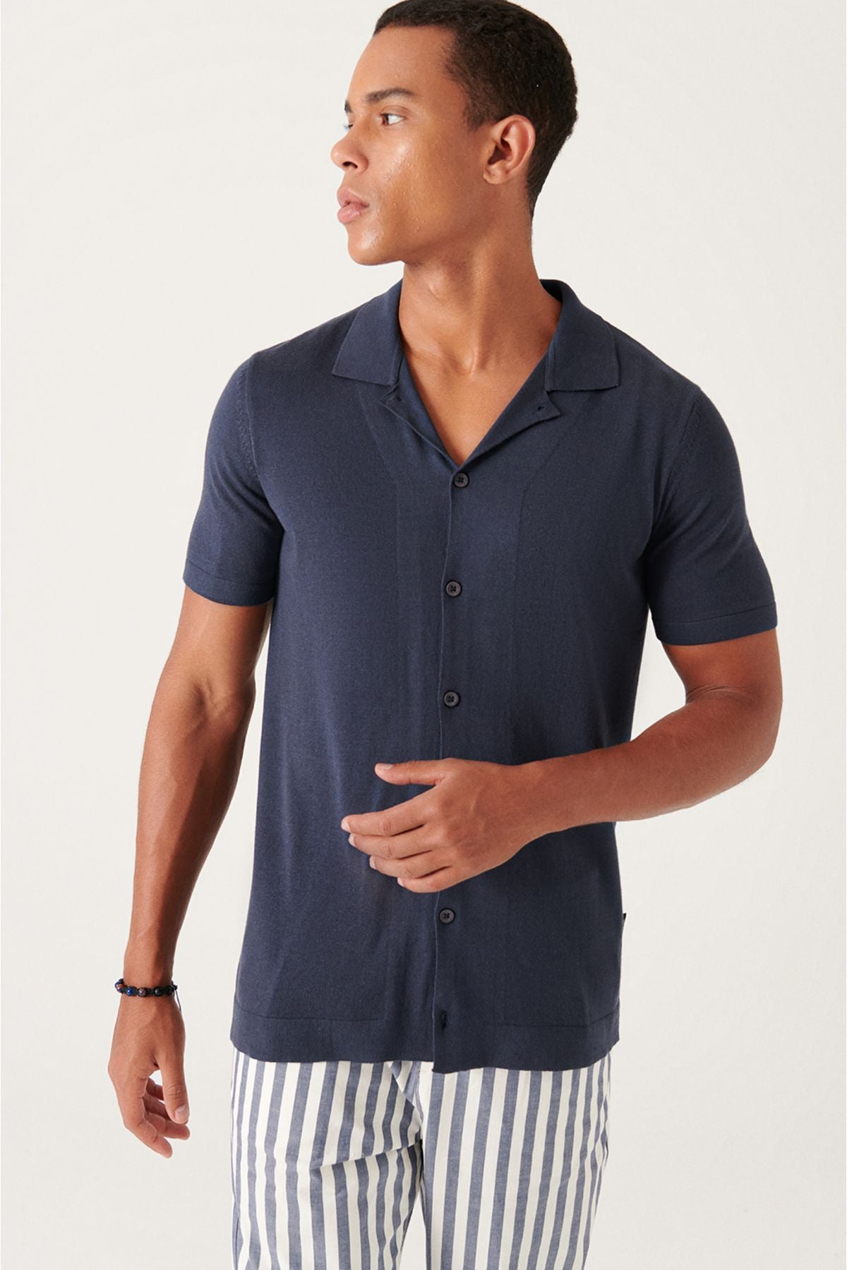 Men's navy blue Cuba collar button knitwear t-shirt B005008