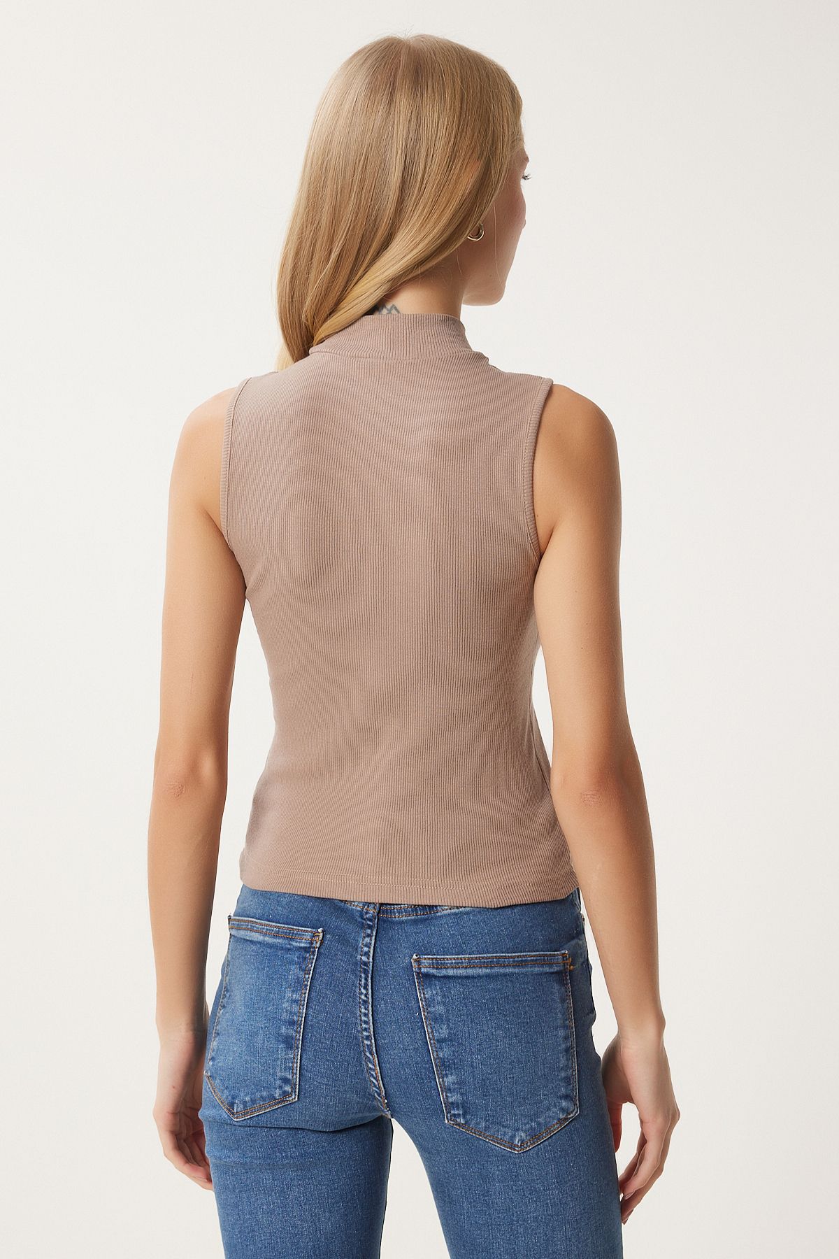 Woman Sky Blue Beige Fisherman Neck Sleeveless 2 Pack Knitting Blouse GT00012