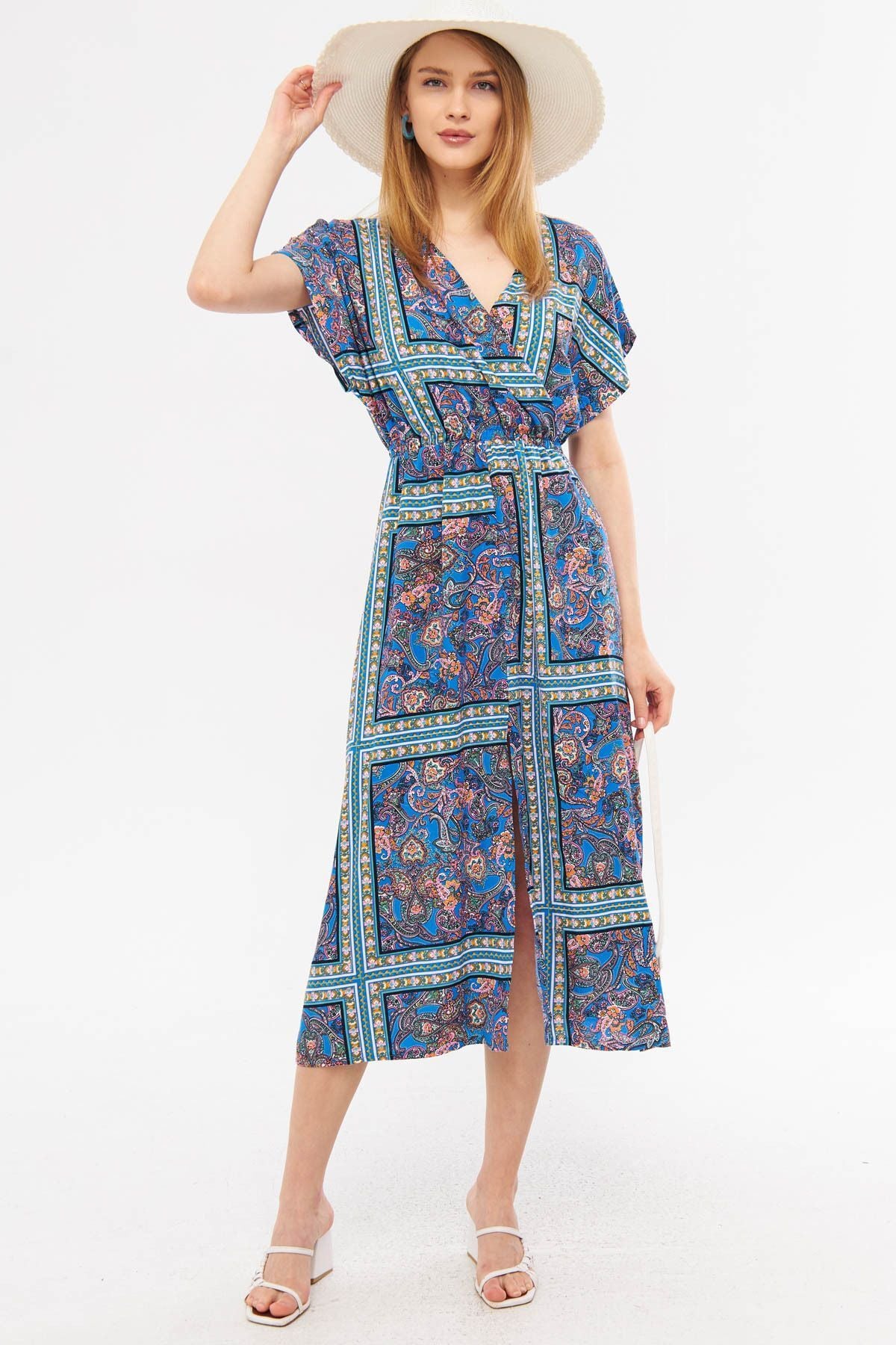 WOMEN BLUE CRAPHY BROTHING BRING ARM WAST LONG DRESS WITH ARM-DRESS ARM-24Y001059