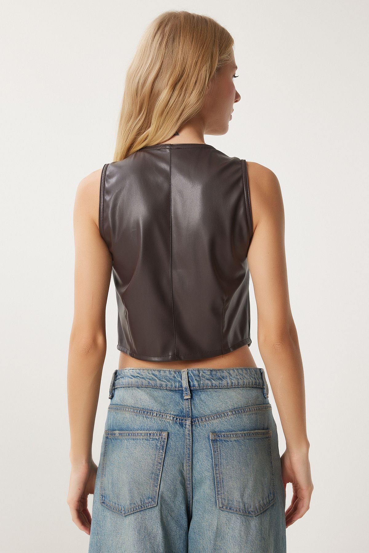 Female Brown Artificial Leather Vest US00949