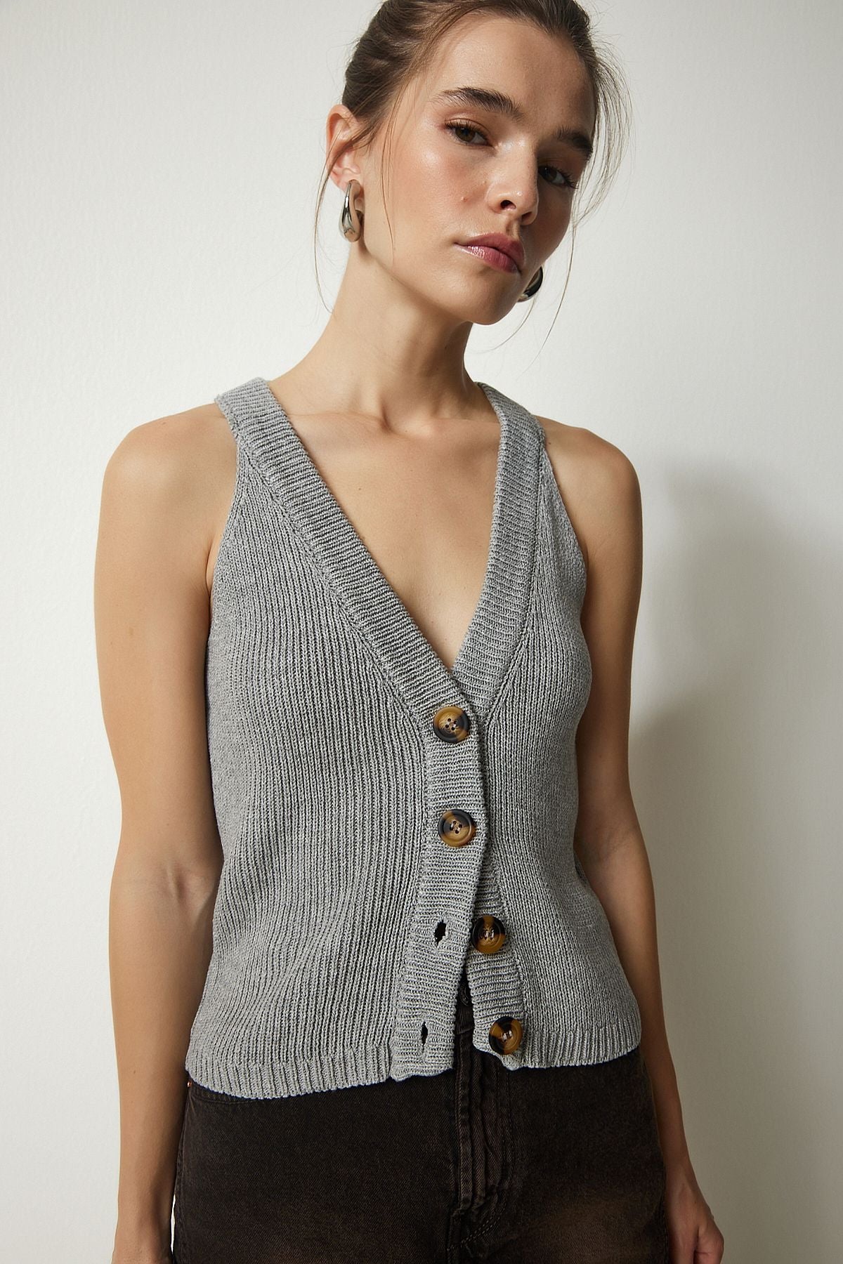 Women's Gray Weightshow Button Triko Vest FN03118