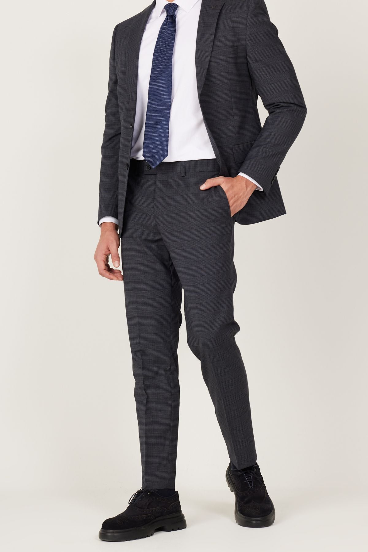 Men's anthracite-Lacivert Wool Extra Slim Fit Narrow Cut Mono Yaka Patterned Suit