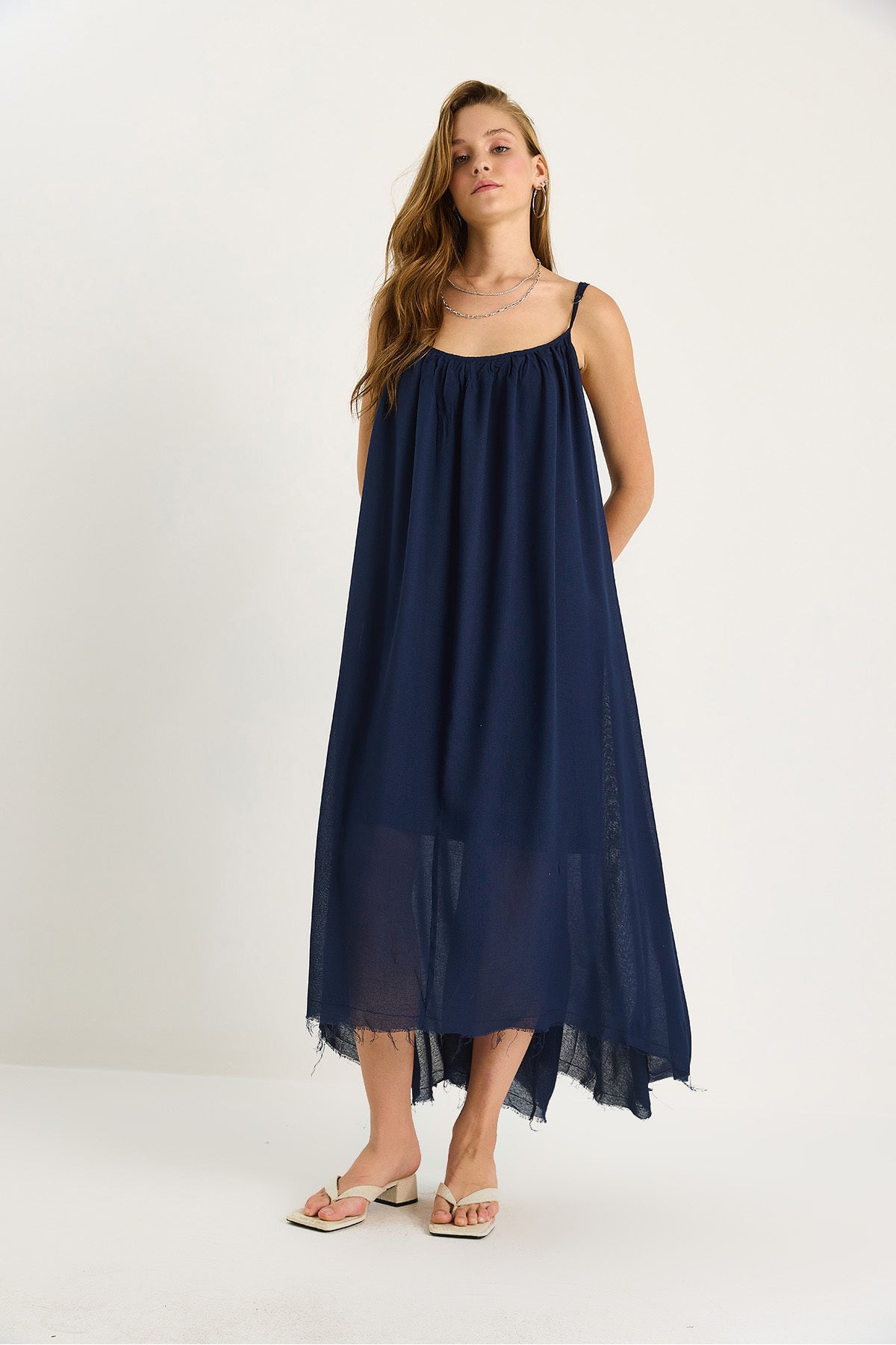 Women's Thin Strap Casual Lined Cotton Summer Long Linen Dress 5971 60281031