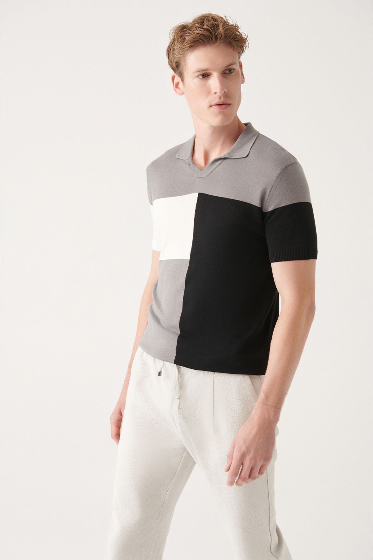 Men's Gray Cotton Block Color Polo Yaka Triko T-Shirt A31y5126