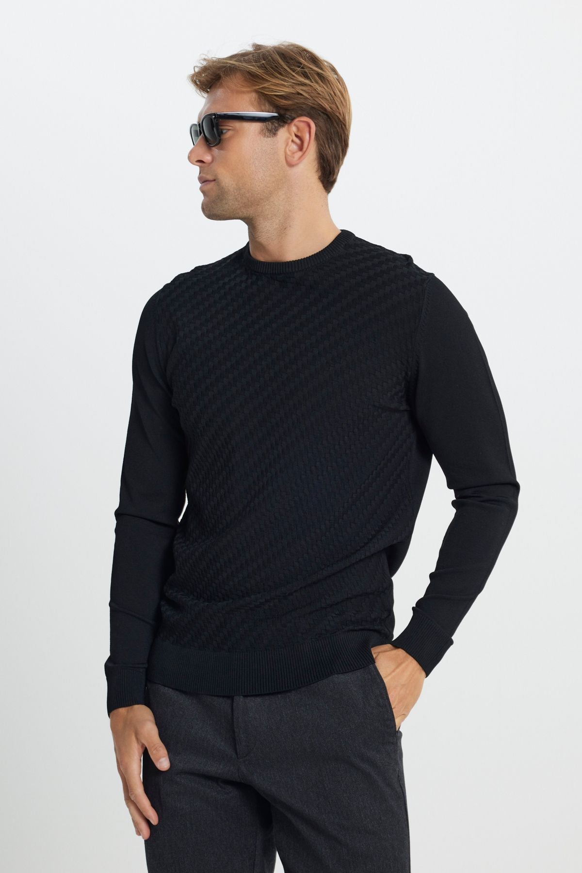 Men's Black Standard Fit Normal Normal Class Bike Amest Triko Sweater