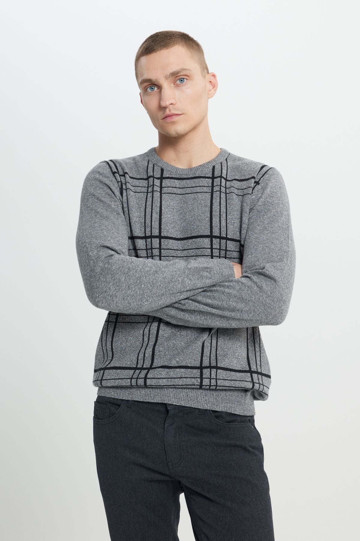 Men's Gray-Ekru Standard Fit Normal Cut Bike Cotton Cotton Patterned Knitwear Sweater