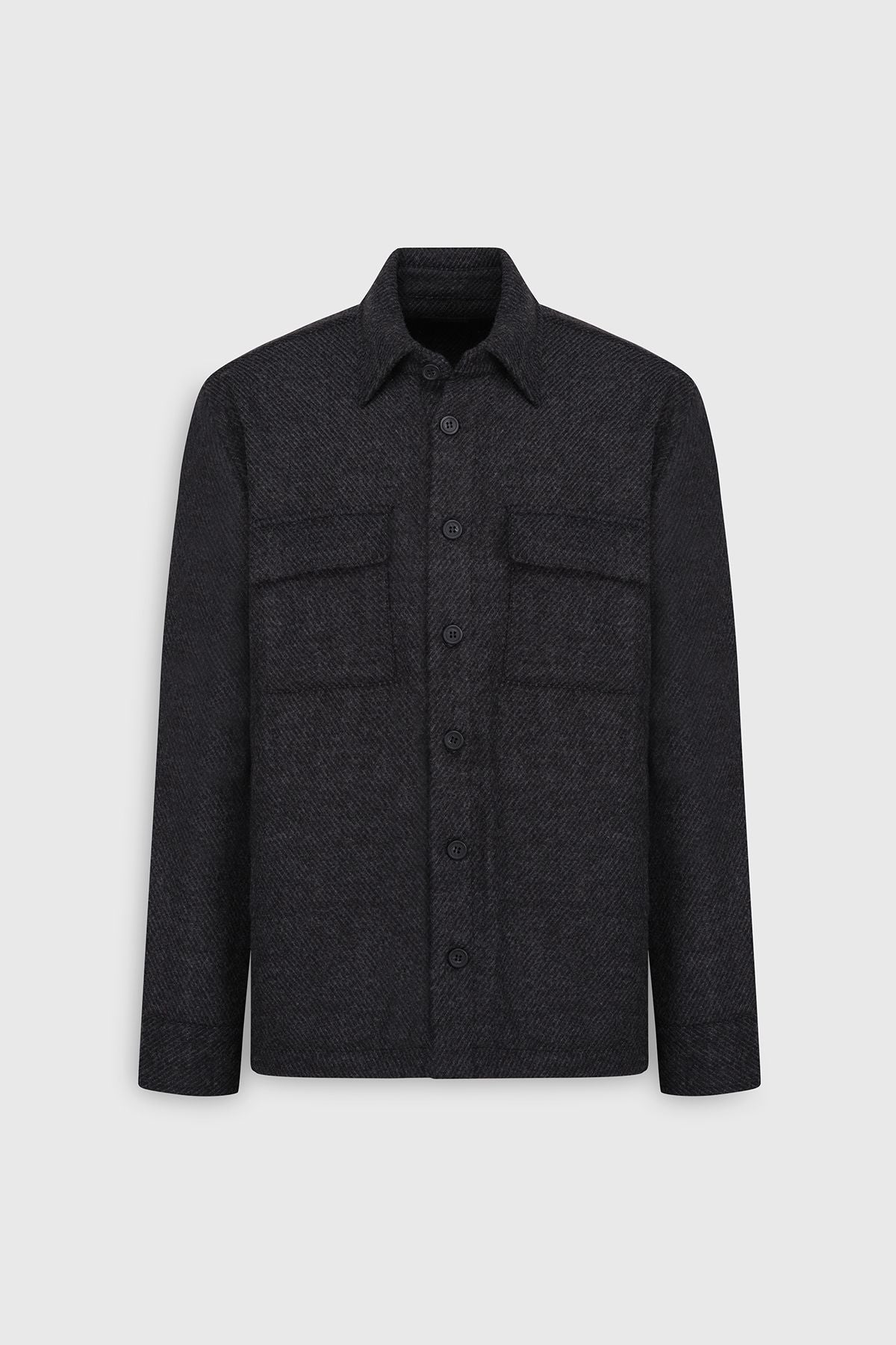 Men's anthracite overlooking the fitted wide cut hidden button collar woolen shirt