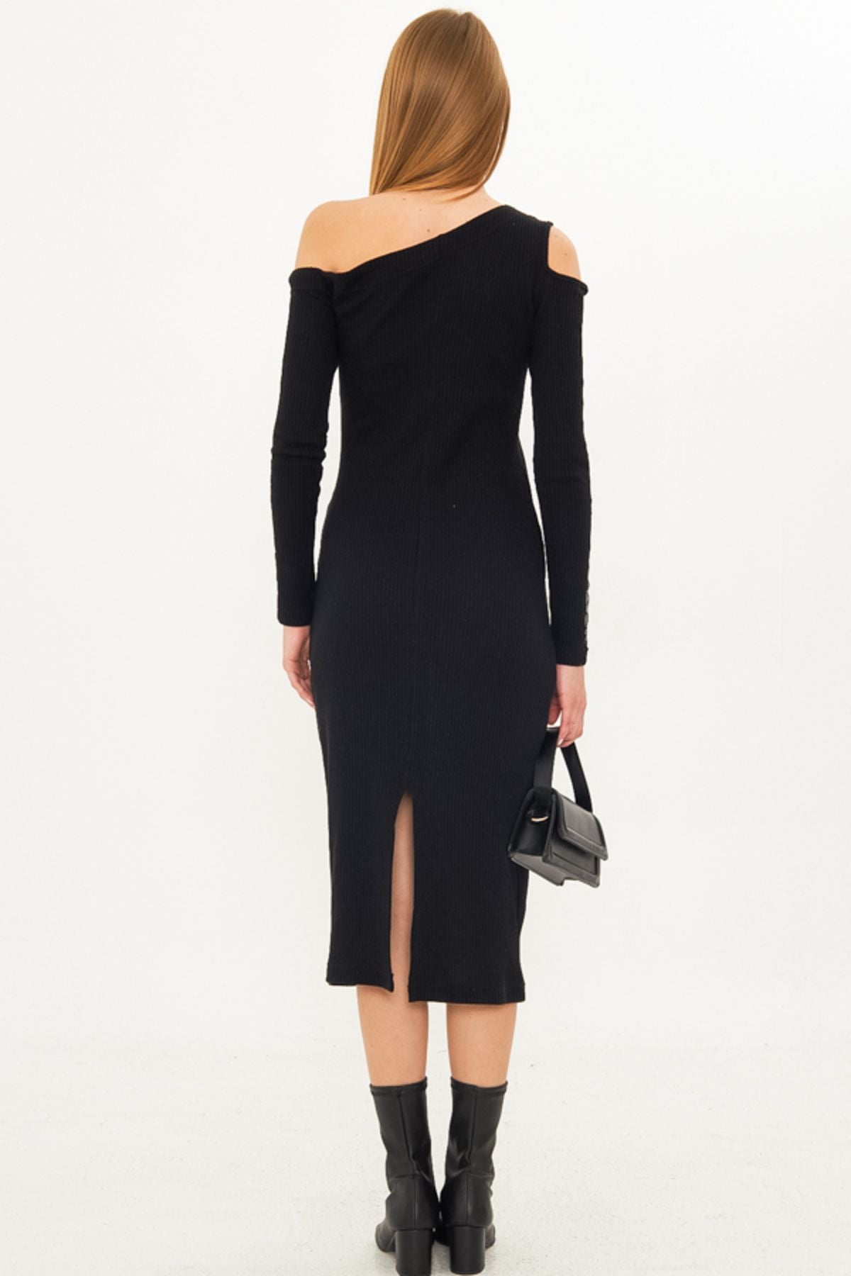 Female black asymmetrical collar arm tulle slits with midi size dress ARM-25K001081