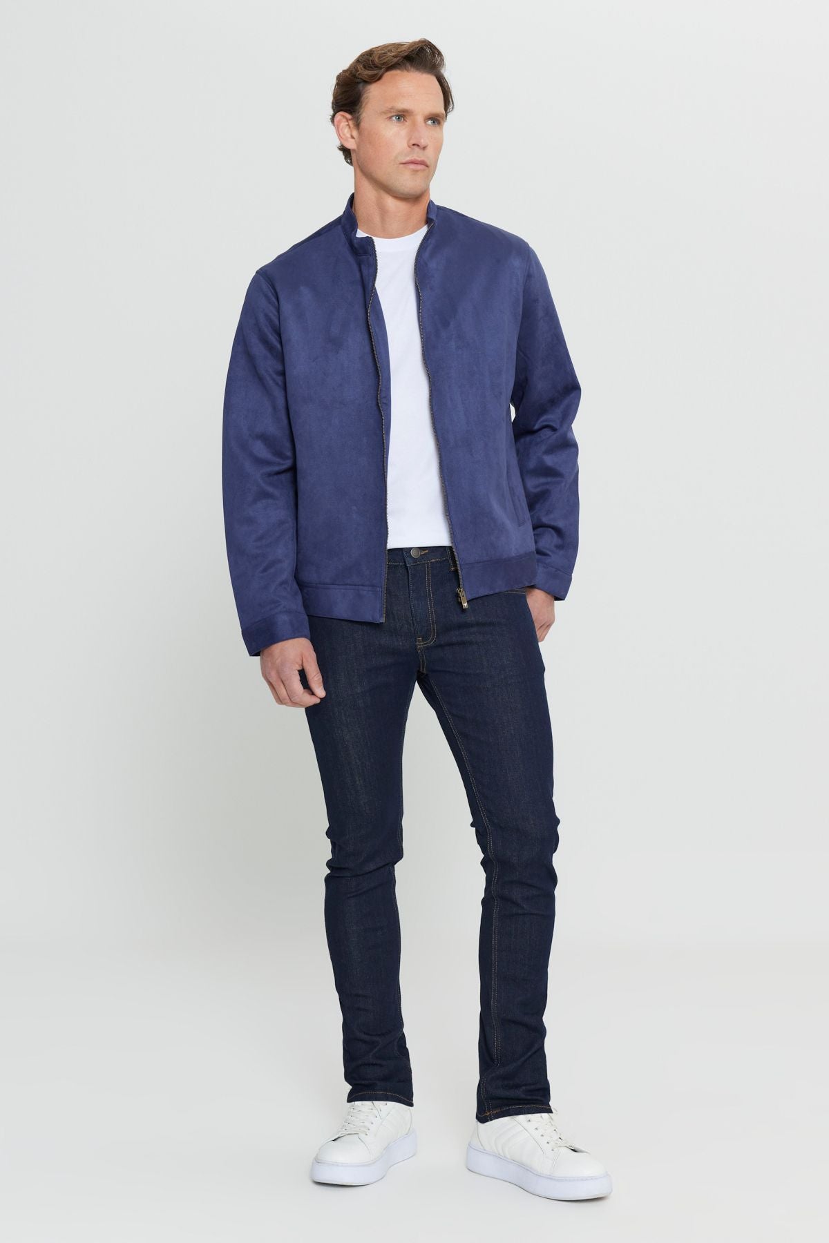 Men's navy blue standard fit normal cut upright collar suede jacket coat