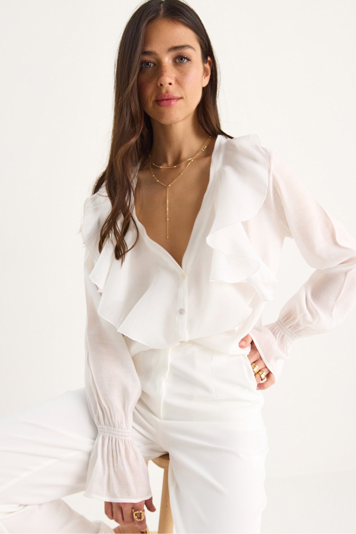Women's Stylish Shirt with Ruffled Collar and Gathered Sleeves 60283413