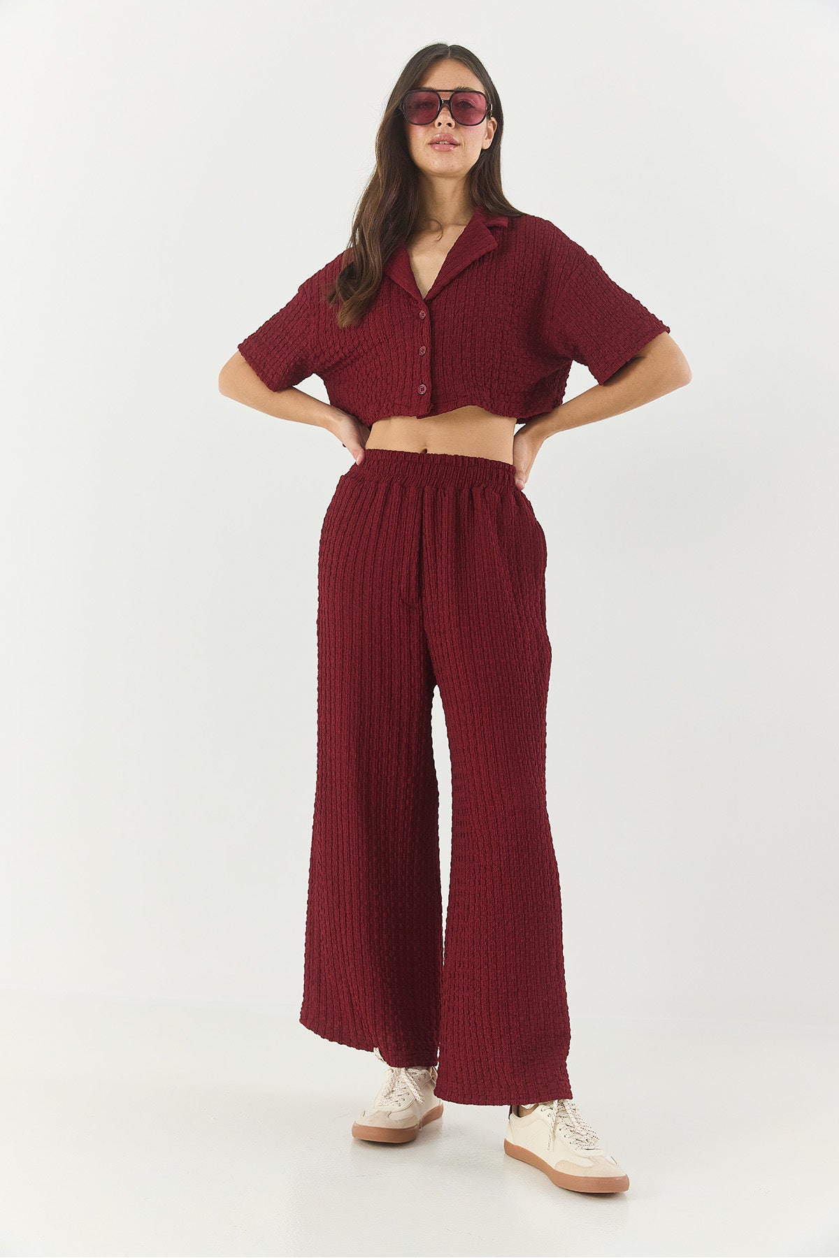 Women's Seersucker Crop Jacket Bottom-Top Set with Elastic Waist High Waist Trousers 9313 60281043
