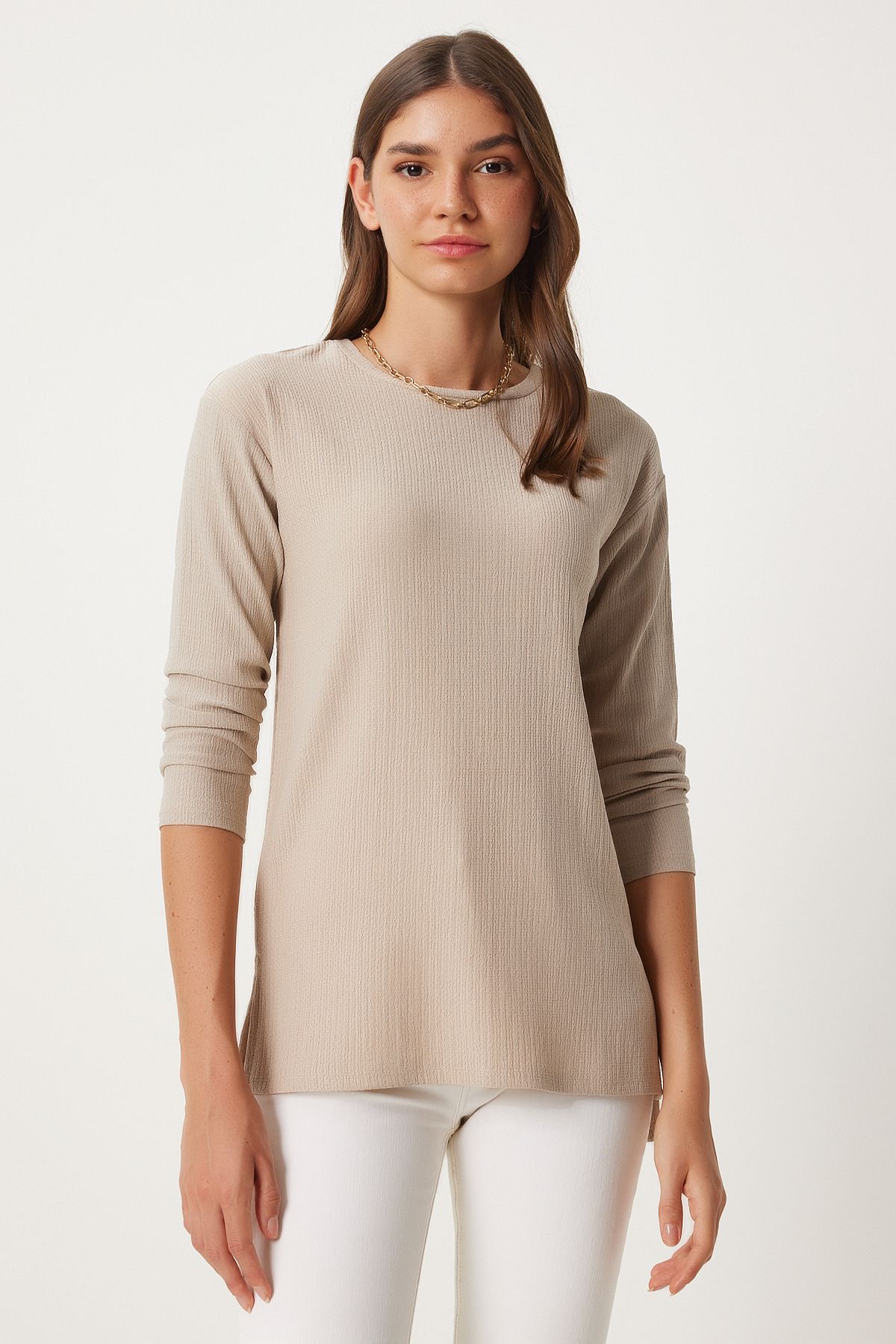 Female Beige Patterned Long Sleeve Knitting Blouse ZH00038