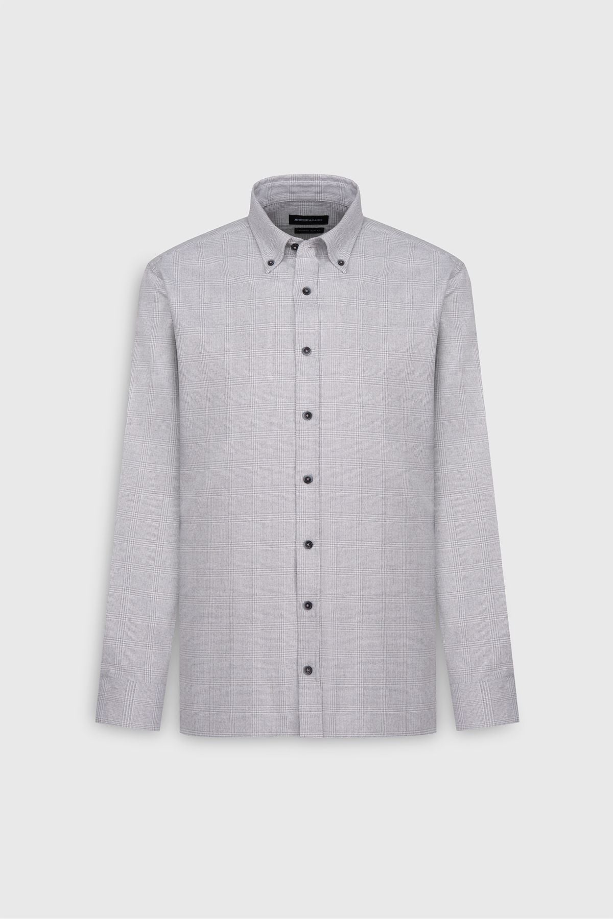 Oxford slim fit narrow cut buttoned collar checkered flexible gray shirt